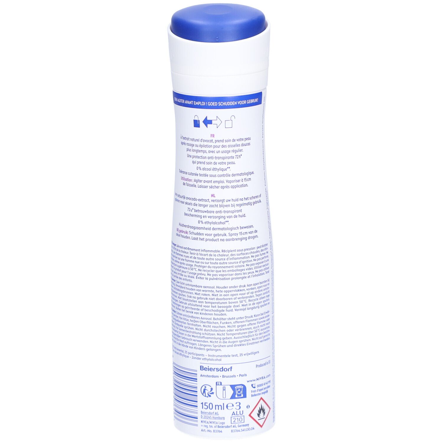 Nivea Déodorant Spray Double Effect. Dos du flacon. Texte et avertissements. Volume: 150 ml.