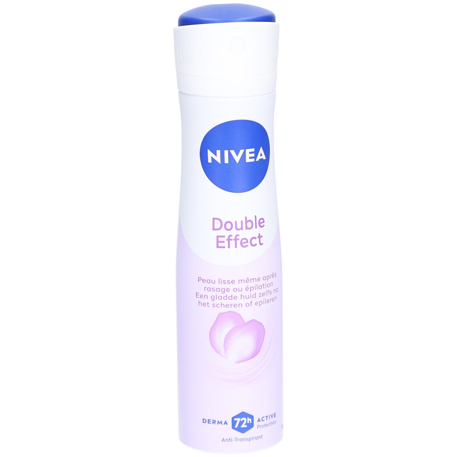 Nivea Déodorant Spray Double Effect. Flacon blanc avec bouchon bleu et logo. Texte: Double Effect, Derma 72h Active Protection.