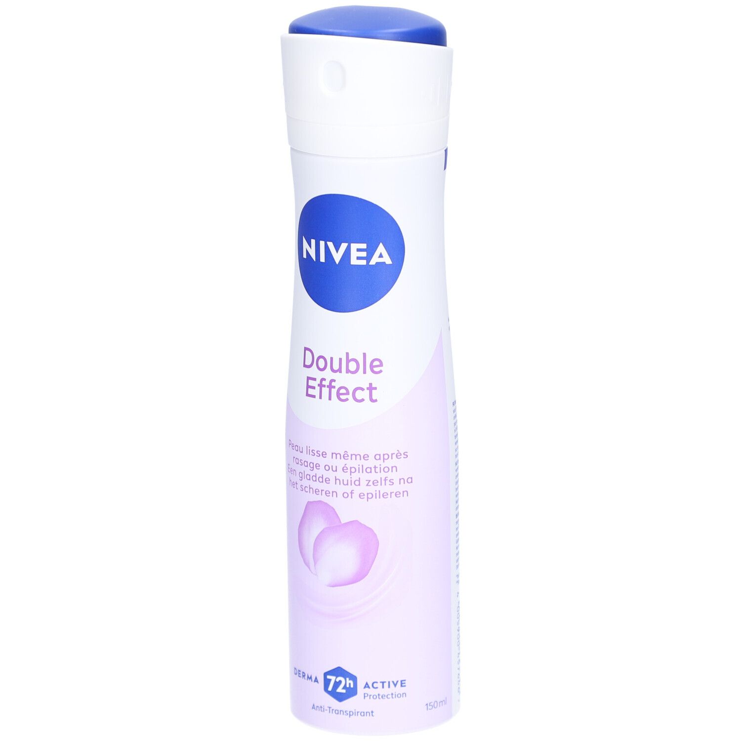 Nivea Déodorant Spray Double Effect. Flacon blanc avec bouchon bleu et logo. Texte: Double Effect, Derma 72h Active Protection.