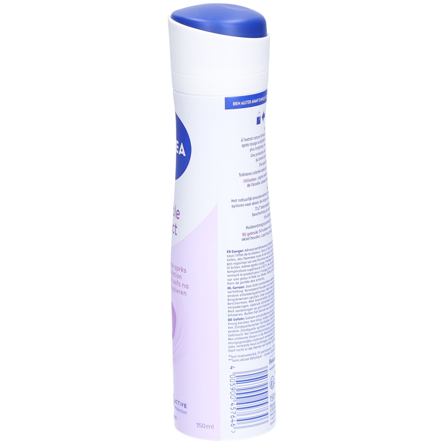 Nivea Déodorant Spray Double Effect. Flacon blanc, vue latérale. Texte au dos. Volume: 150 ml.