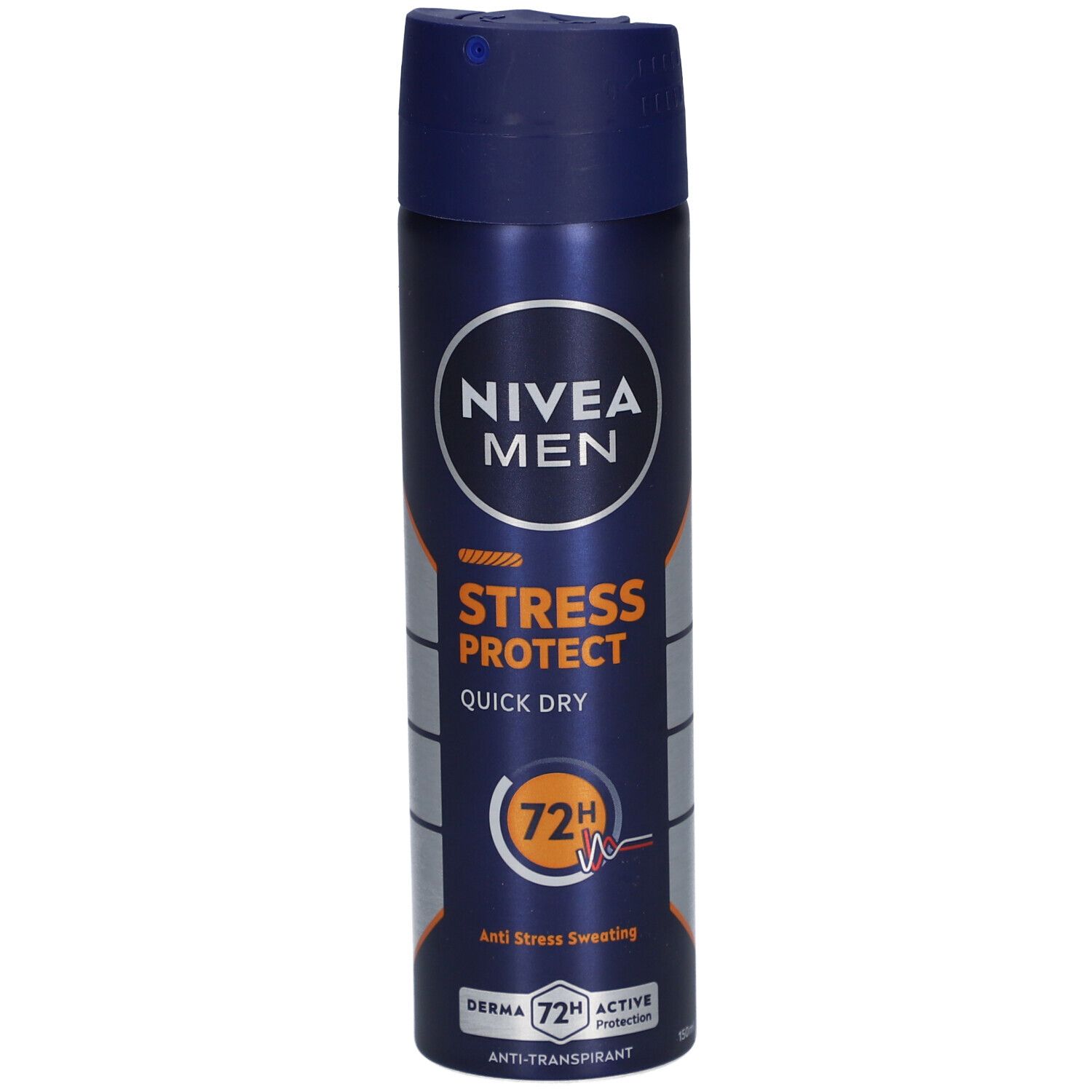 Bombe aérosol bleu et argent. NIVEA MEN, Stress Protect, Quick Dry. 72H anti-transpirant. Derma, Active Protection.