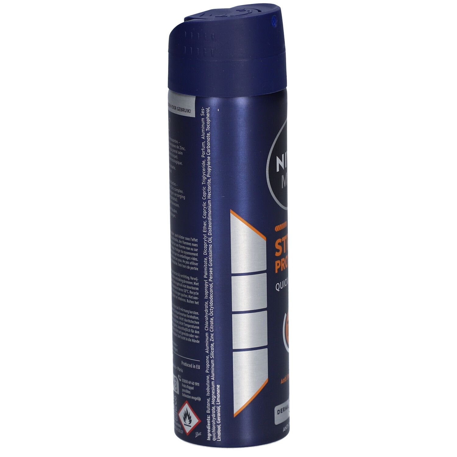 Bombe aérosol bleue avec texte. Ingrédients, avertissements. NIVEA MEN Stress Protect. Aluminium, 150 ml.