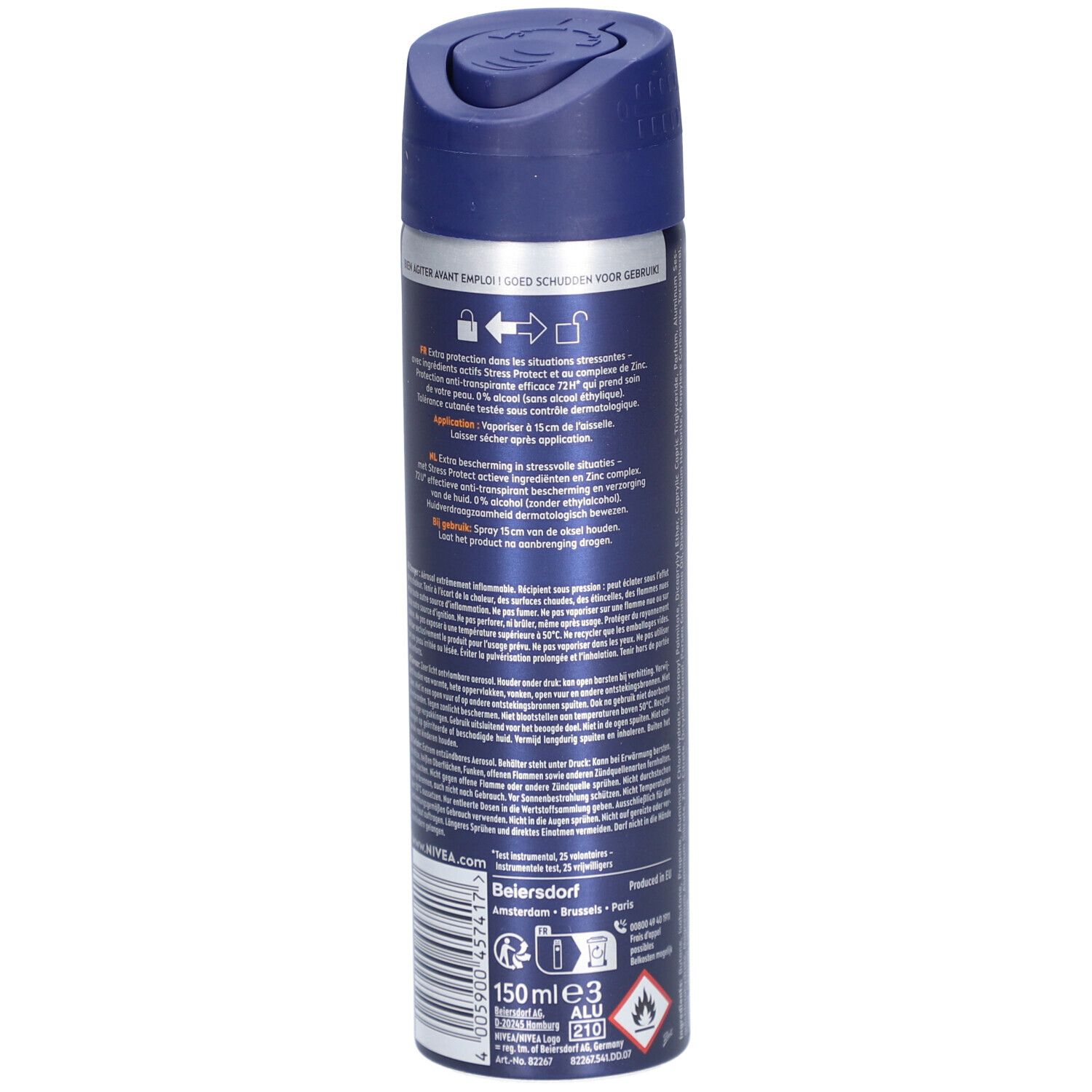 Dos de la bombe aérosol bleue. Texte, avertissements, informations fabricant. 150 ml, aluminium.