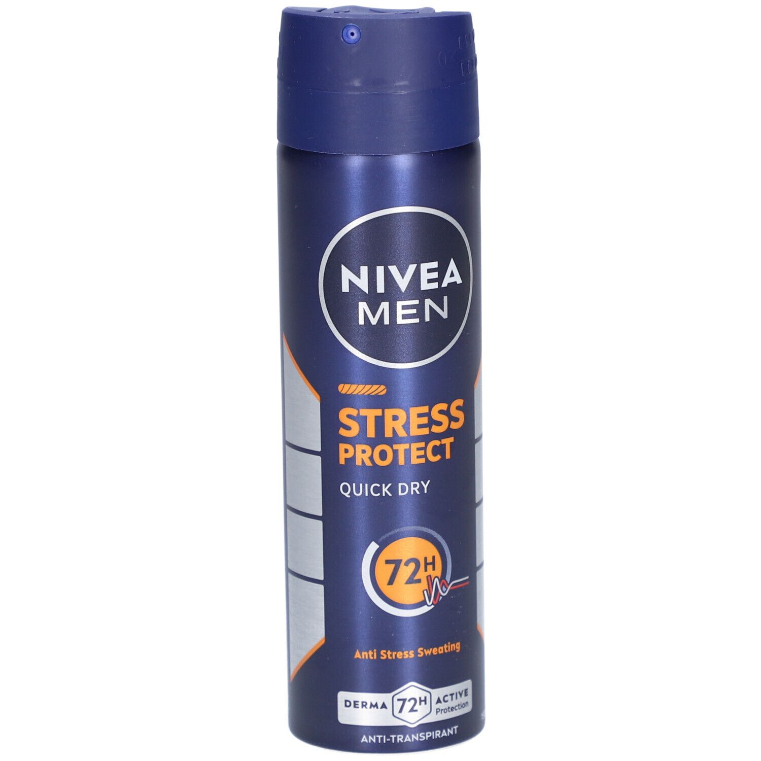 Bombe aérosol bleue. NIVEA MEN, Stress Protect, Quick Dry. 72H anti-transpirant. Derma, Active Protection.