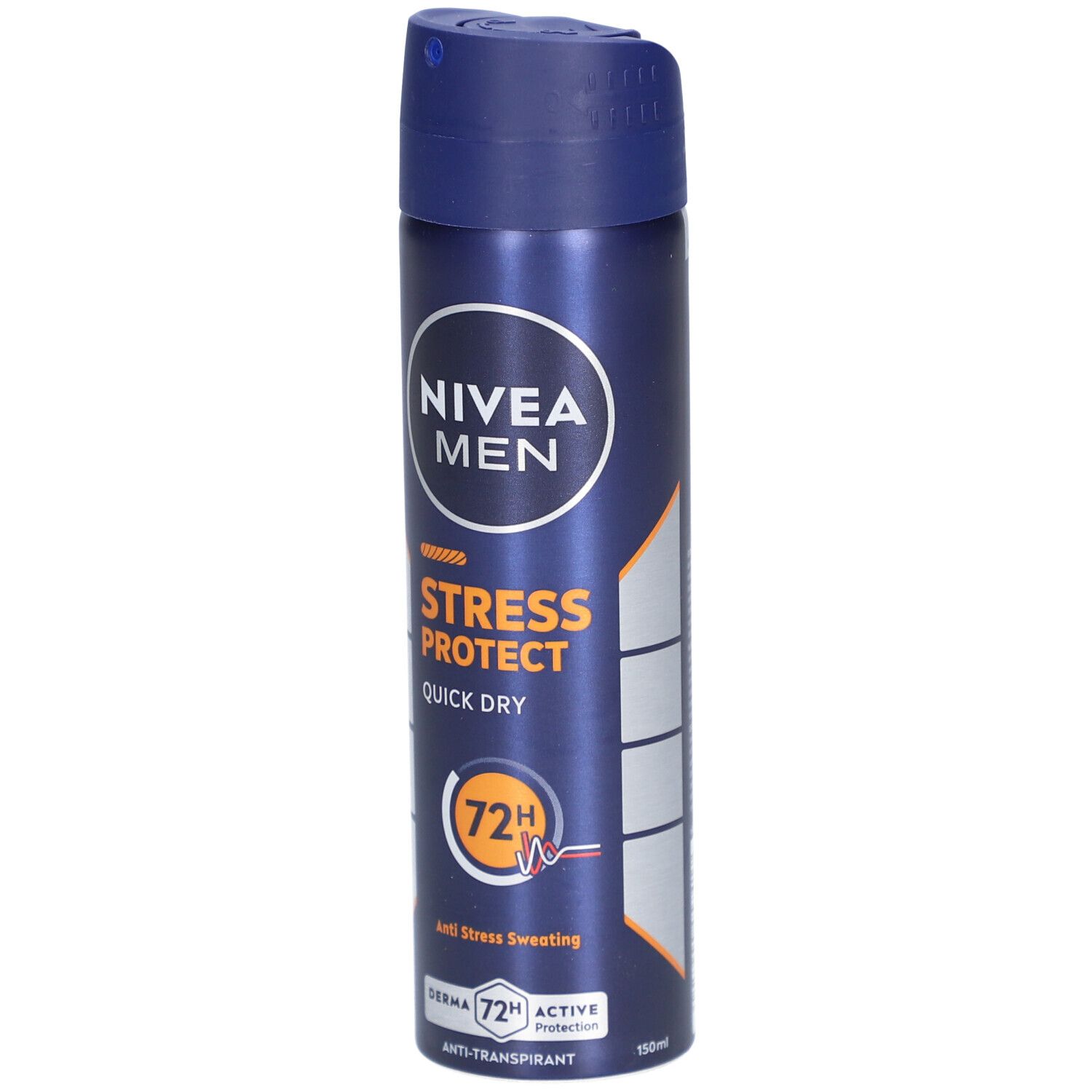 Bombe aérosol bleue. NIVEA MEN, Stress Protect, Quick Dry. 72H anti-transpirant. 150 ml.