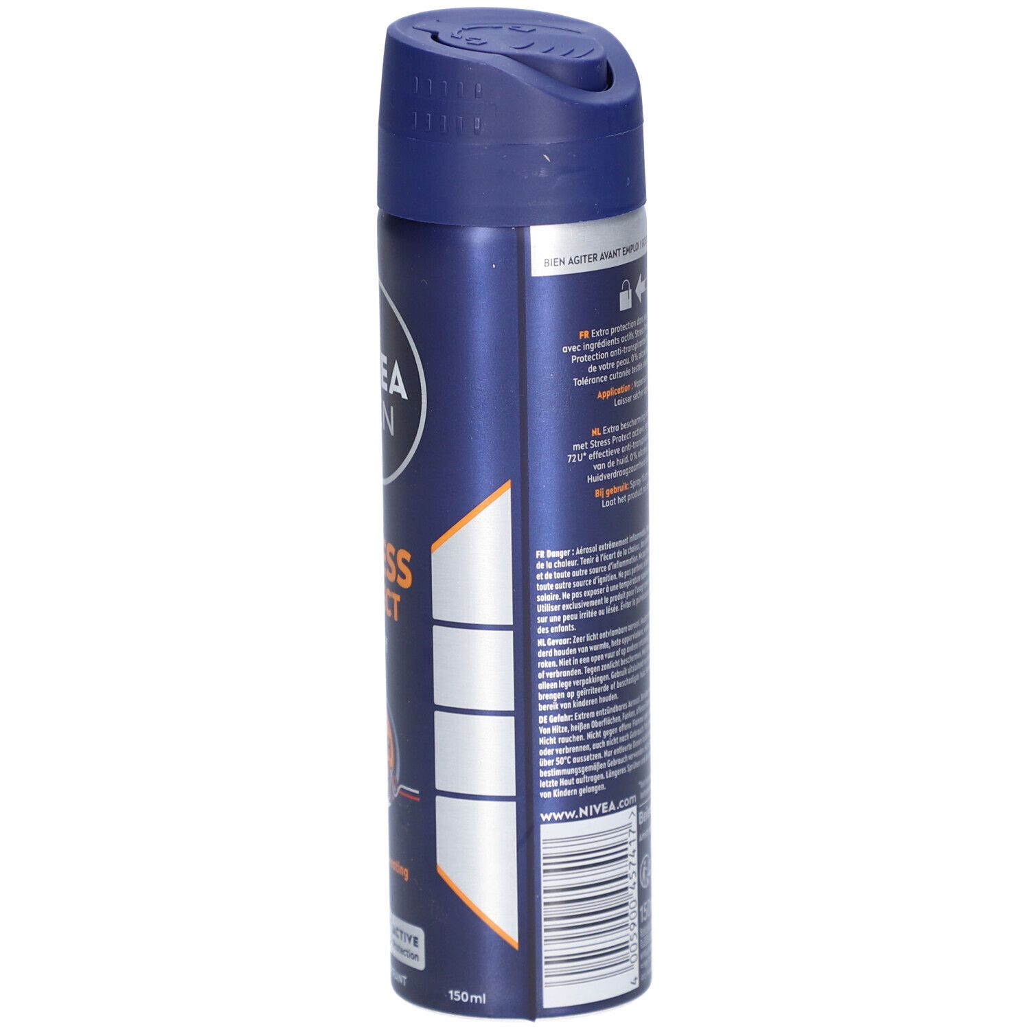 Bombe aérosol bleue avec texte. NIVEA MEN, Stress Protect. Ingrédients, avertissements. 150 ml.
