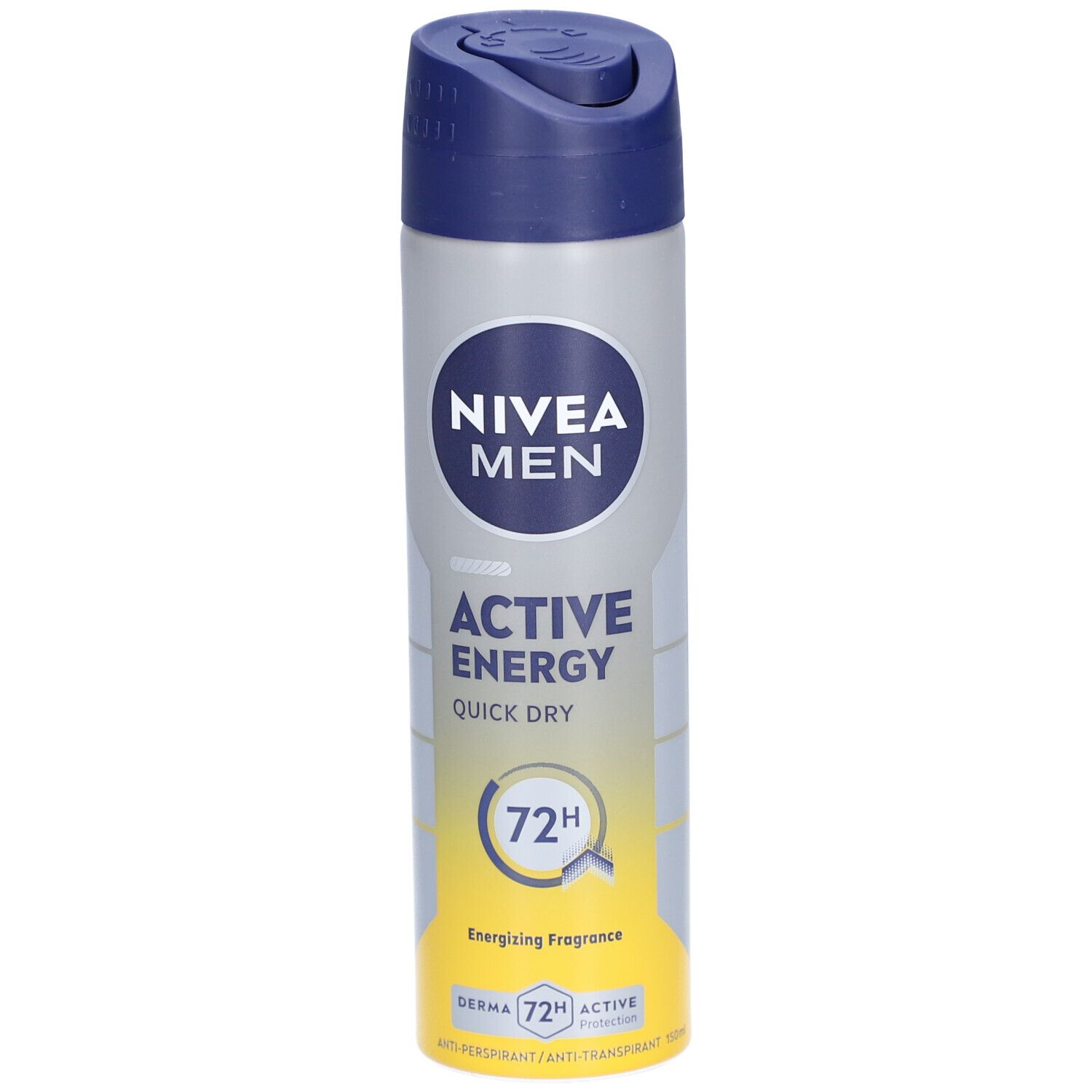 Nivea Men Active Energy Deospray. Graue Dose mit blauem Deckel. Aufschrift: Nivea Men, Active Energy, Quick Dry, 72H. Gelber Bereich unten.