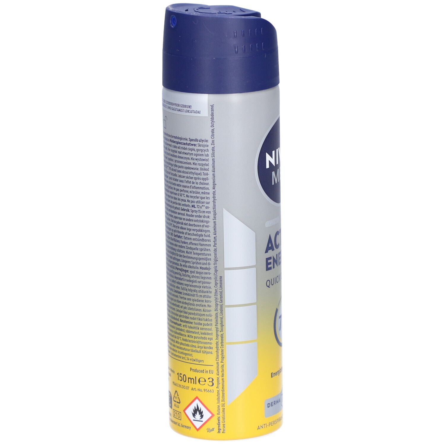 Nivea Men Active Energy Deospray. Graue Dose, Seitenansicht. Text auf der Rückseite. Unten: 150ml, Warnhinweise und Logos.