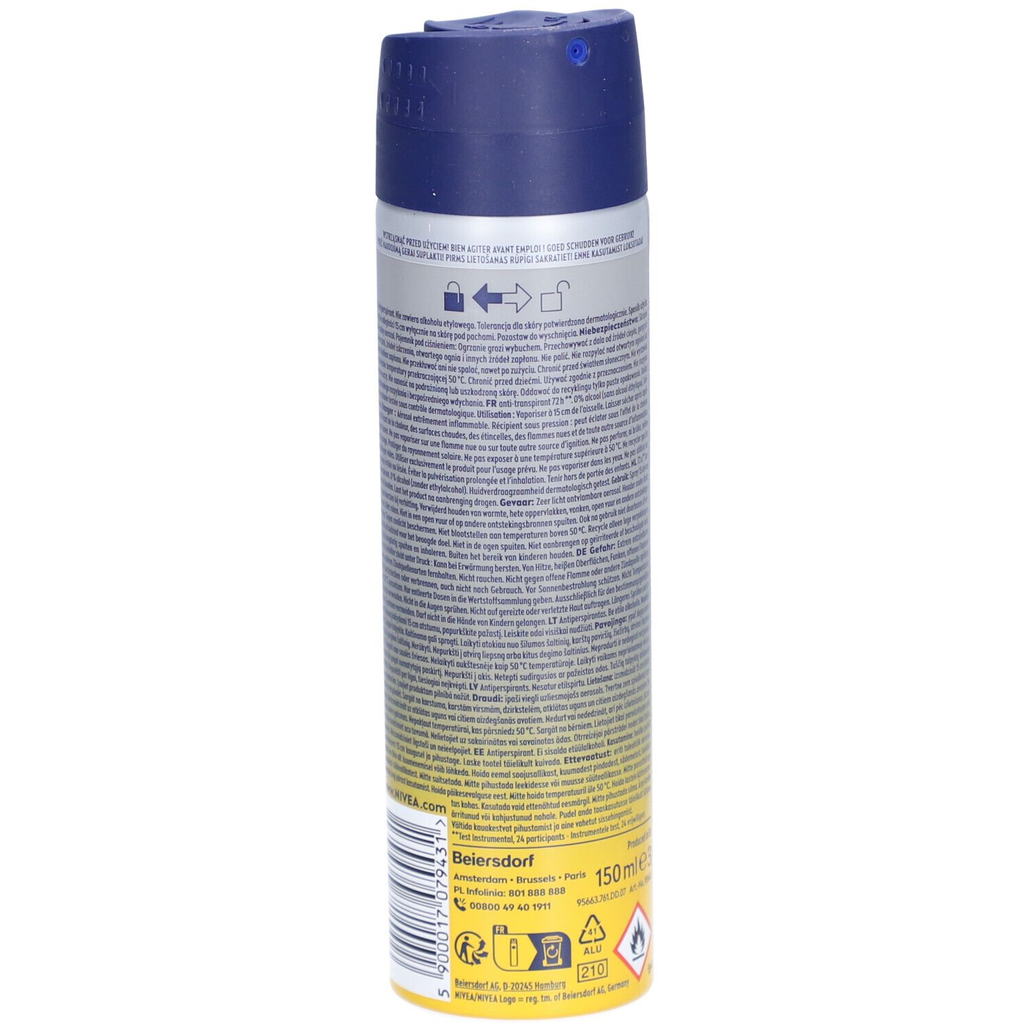 Rückseite des Nivea Men Active Energy Deosprays. Text, Warnhinweise, Logos und 150ml-Angabe. Herstelleradresse.