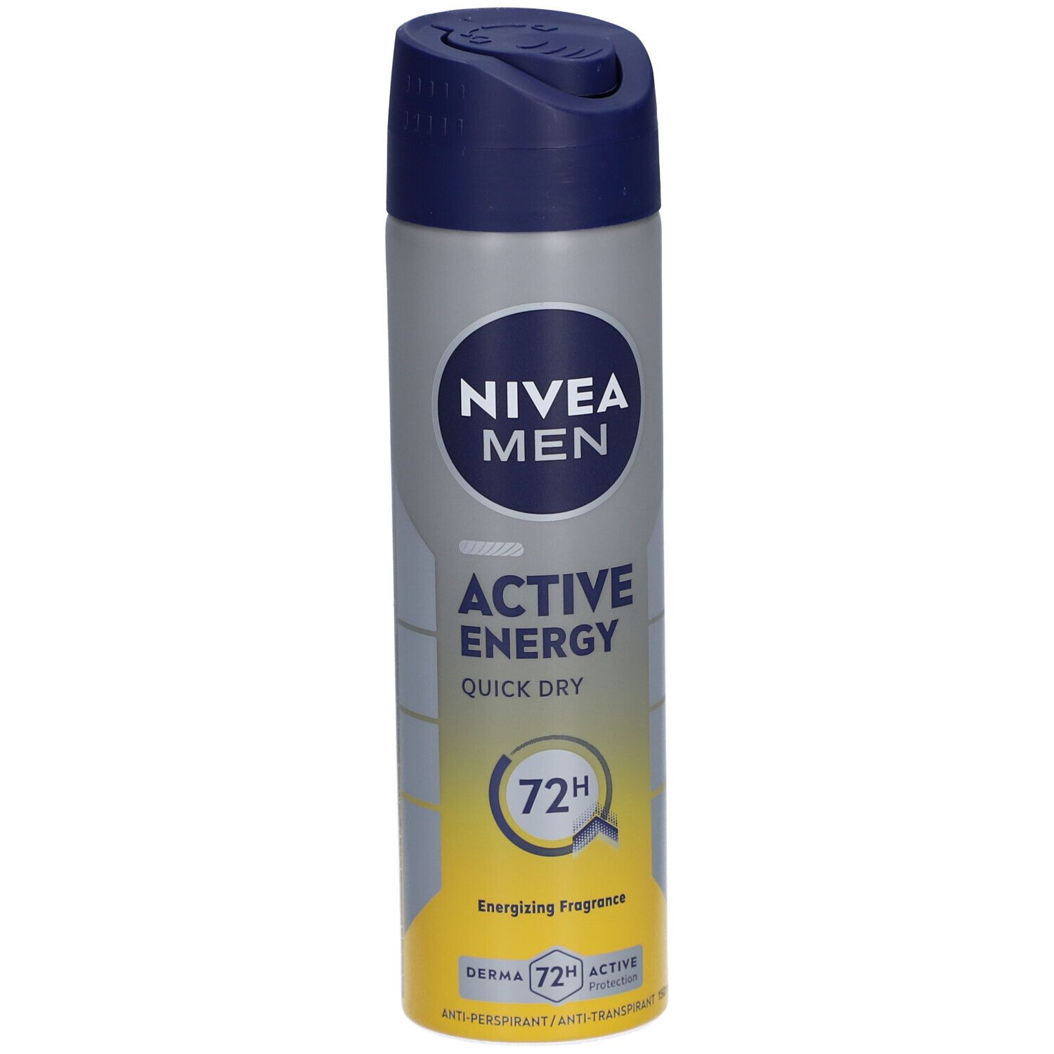 Nivea Men Active Energy Deospray. Graue Dose mit blauem Deckel. Aufschrift: Nivea Men, Active Energy, Quick Dry, 72H. Gelber Bereich unten.