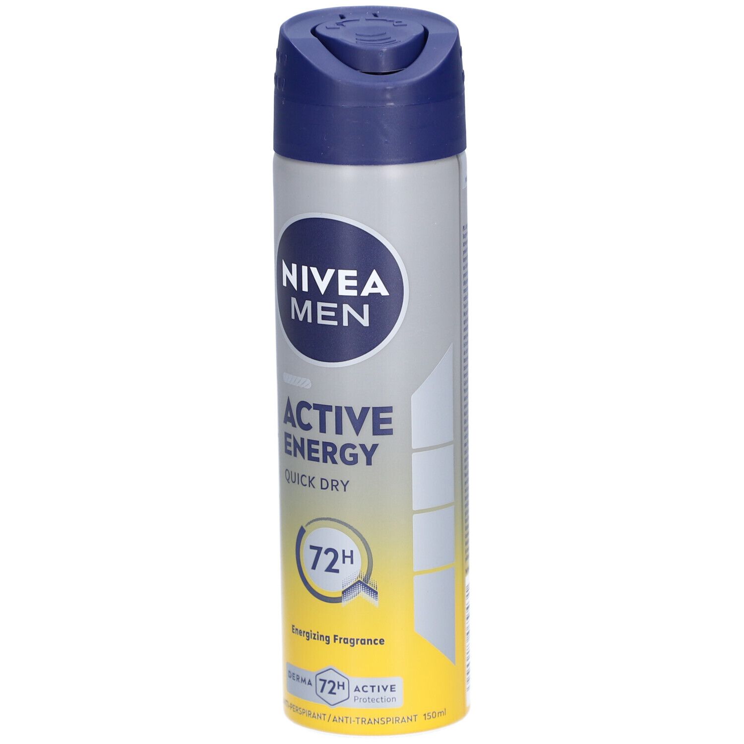 Nivea Men Active Energy Deospray. Graue Dose mit blauem Deckel. Aufschrift: Nivea Men, Active Energy, Quick Dry, 72H. Gelber Bereich unten.