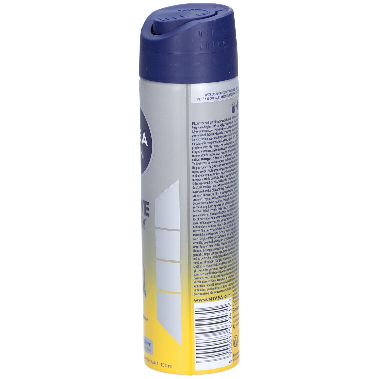 Nivea Men Active Energy Deospray, Seitenansicht. Graue Dose mit blauem Deckel. Text und Logos auf der Rückseite.