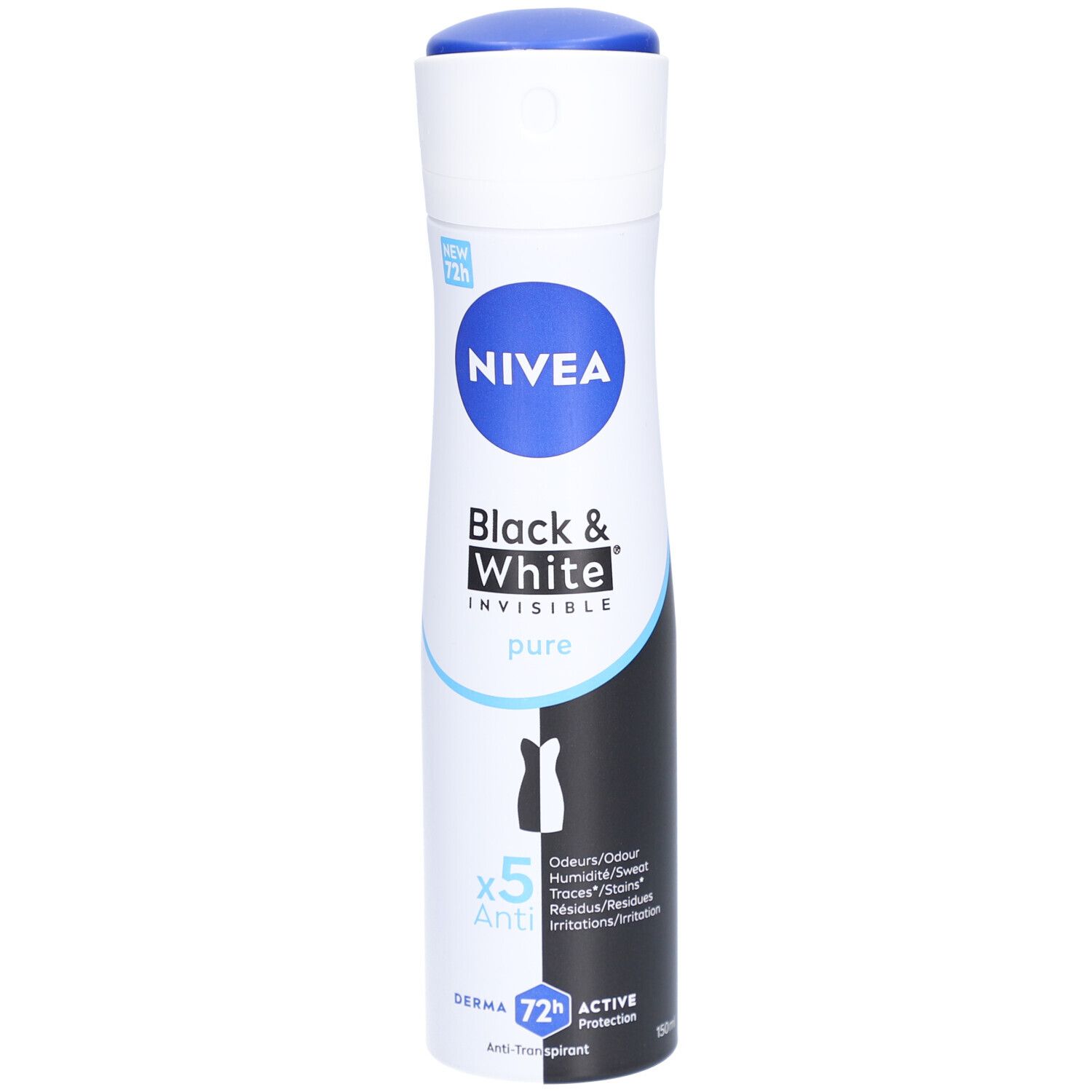 Nivea Déodorant Spray Invisible Black & White Pure. Weiß-blaue Sprühdose. Schwarze und weiße Grafik. 72h Active Protection.