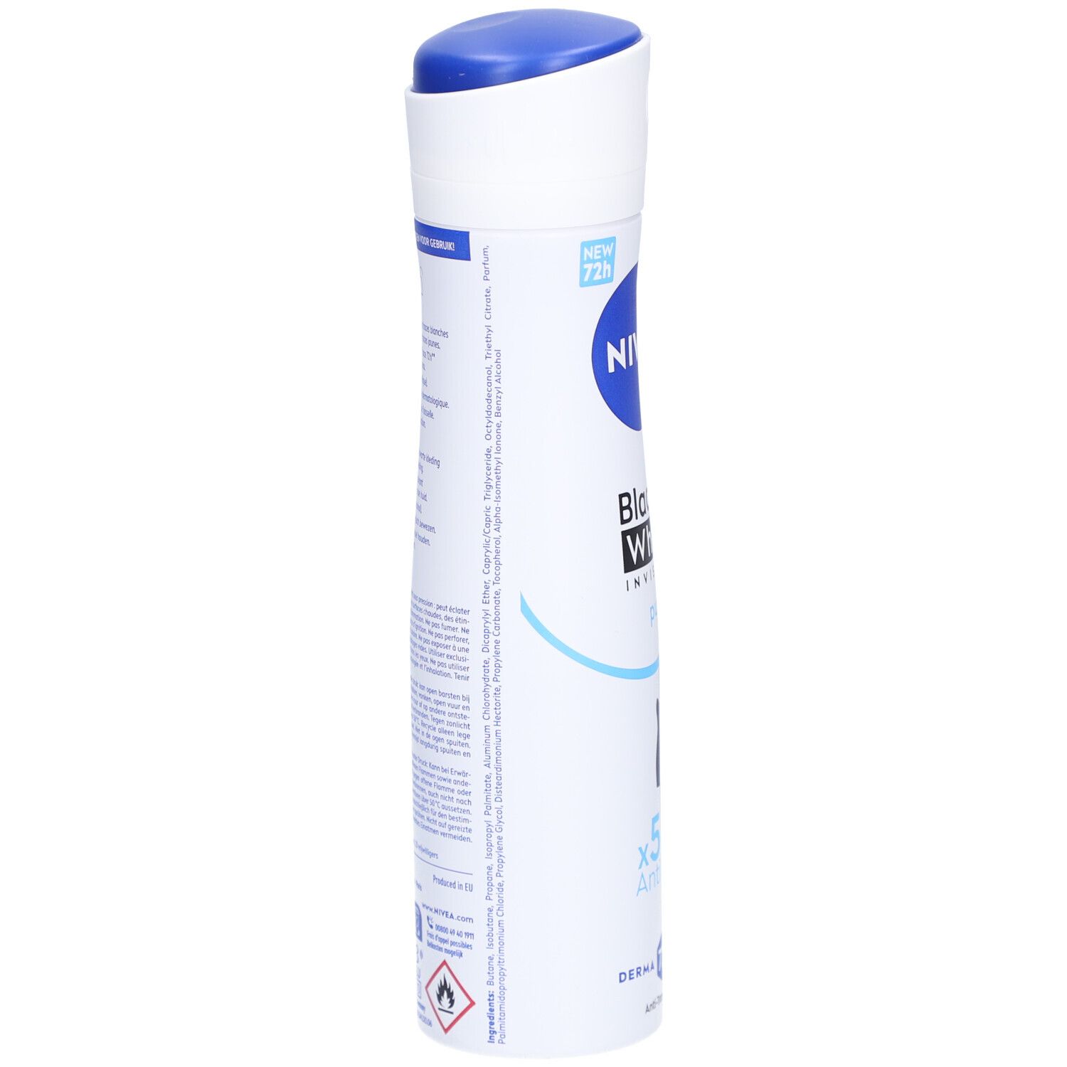Nivea Déodorant Spray Invisible Black & White Pure. Weiße Sprühdose mit Text. Enthält Inhaltsstoffe. 72h Active Protection.