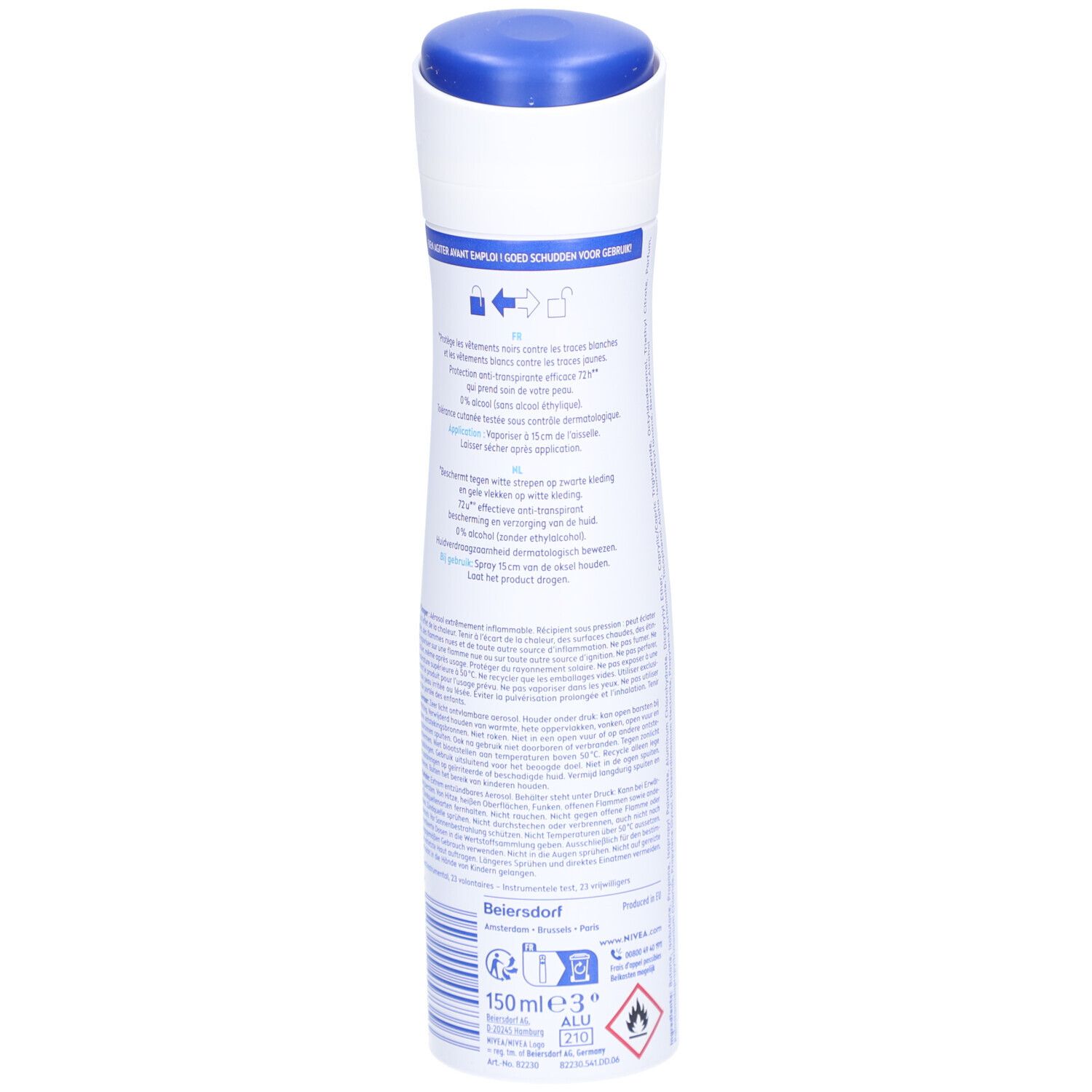 Nivea Déodorant Spray Invisible Black & White Pure. Rückseite der Sprühdose. Text und Logos. 150ml.