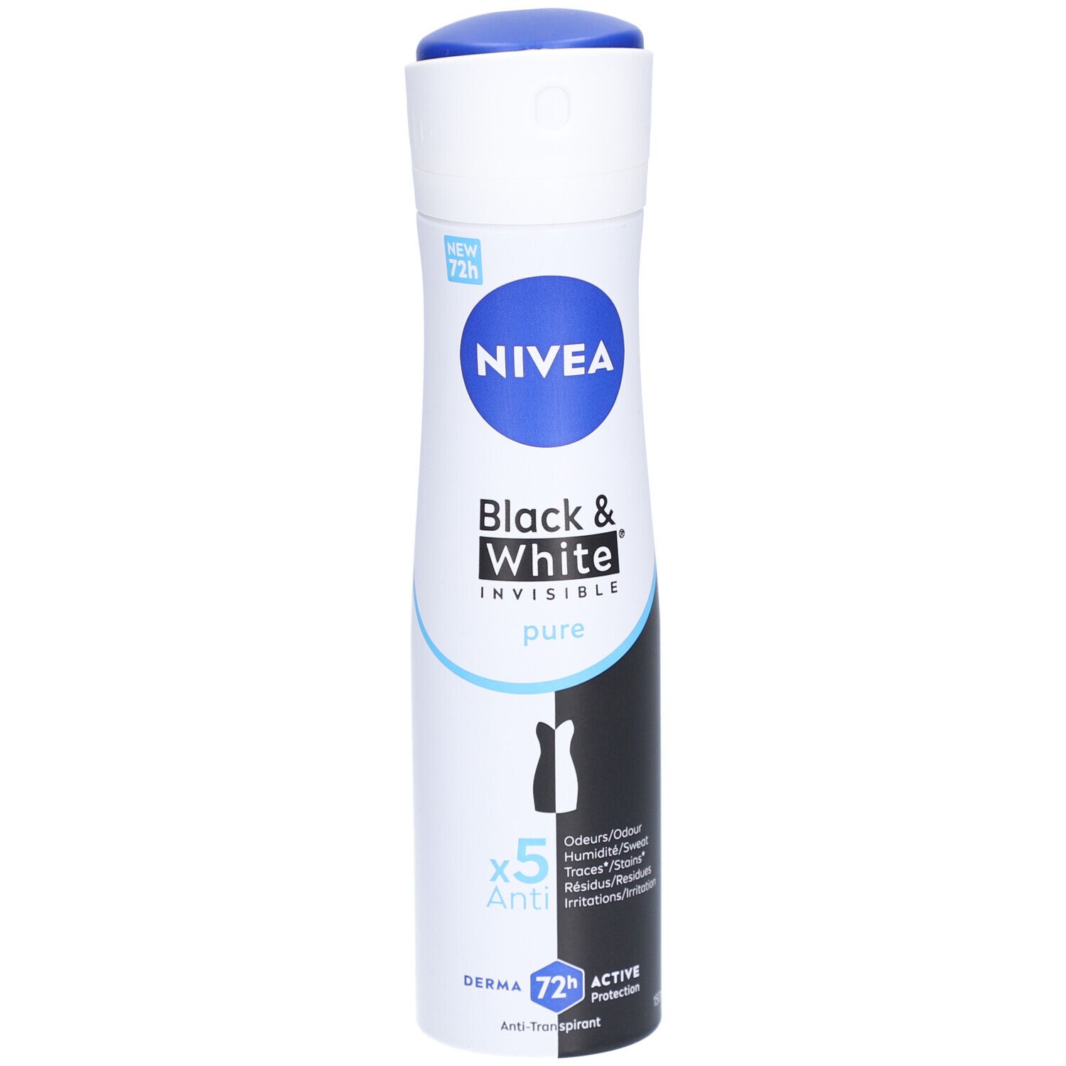 Nivea Déodorant Spray Invisible Black & White Pure. Weiße Sprühdose mit blauen Akzenten. 72h Active Protection.