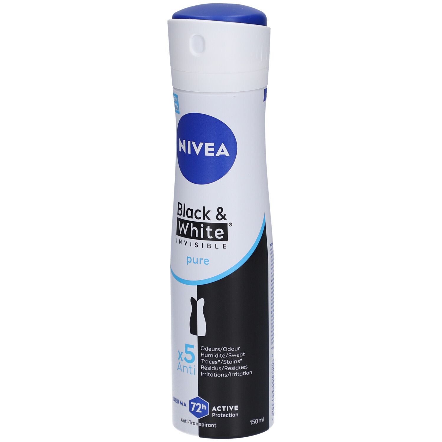 Nivea Déodorant Spray Invisible Black & White Pure. Weiße Sprühdose mit blauen Akzenten. 72h Active Protection.