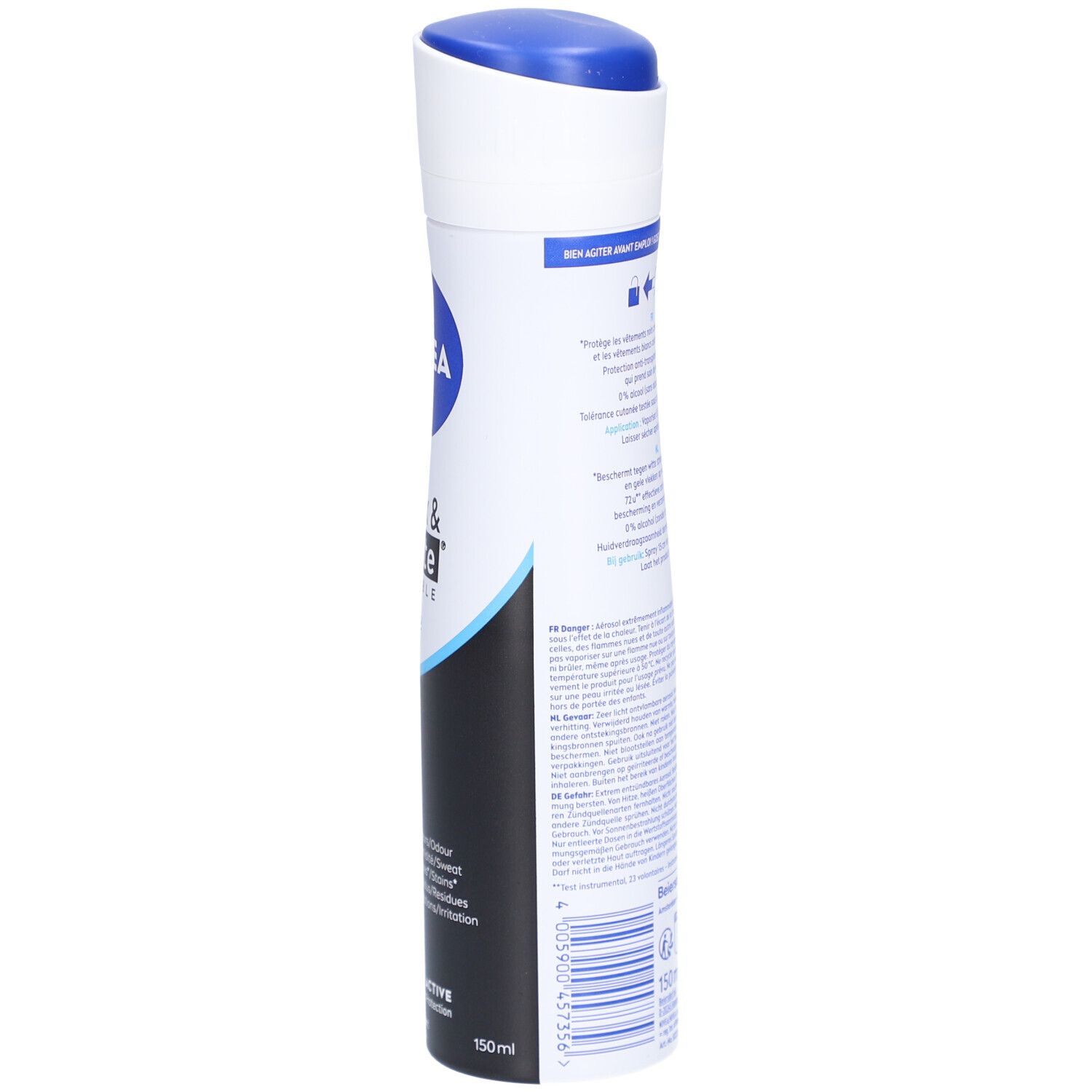 Nivea Déodorant Spray Invisible Black & White Pure. Weiße Sprühdose mit Text. 150ml. 72h Active Protection.