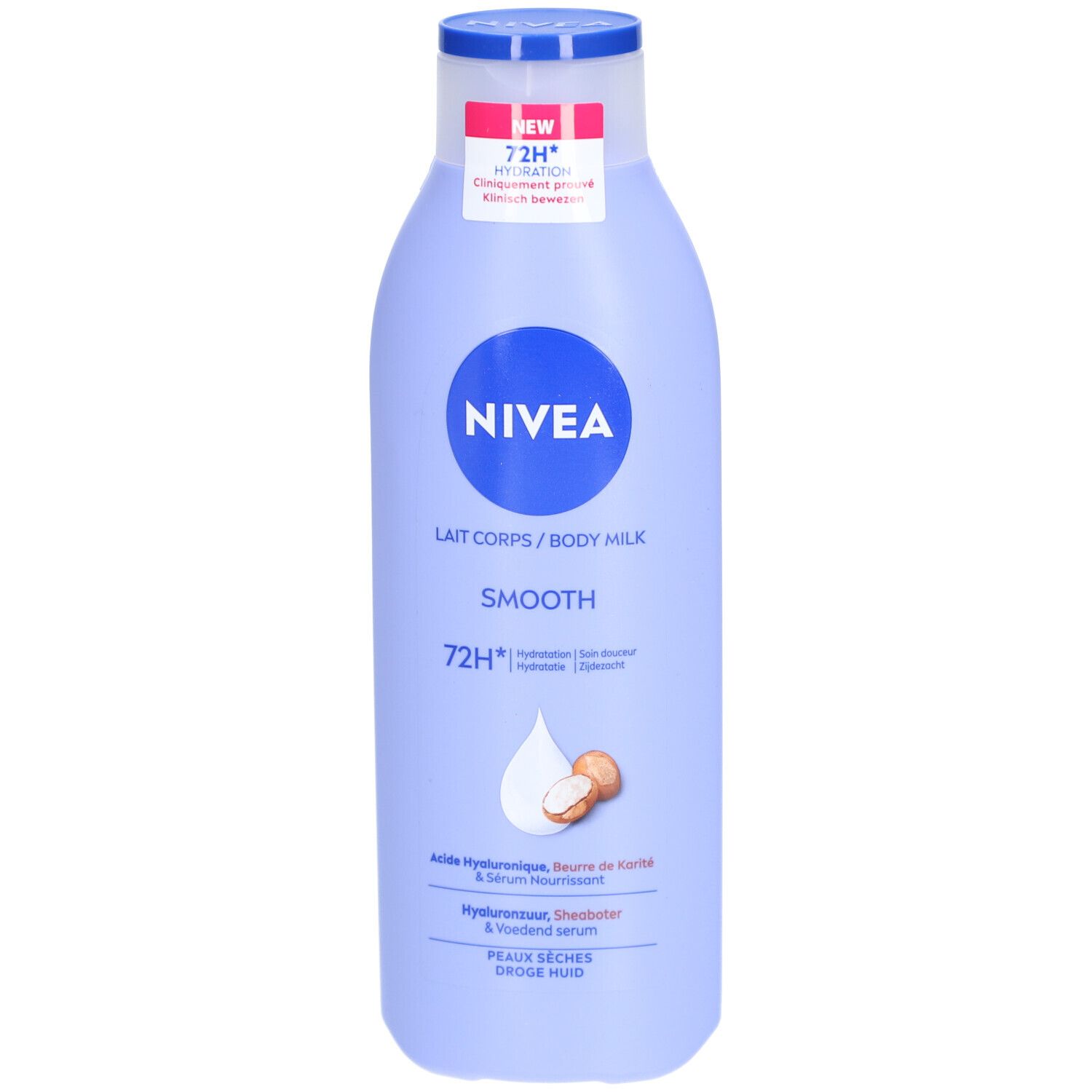 Flasche mit blauem Deckel. Aufschrift NIVEA, Lait Corps/Body Milk, Smooth. Mit 72H* Feuchtigkeit. Enthält Hyaluronsäure, Sheabutter & Vitamin E.