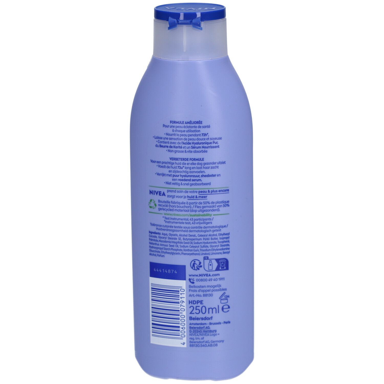 Rückseite der Flasche. Text: Formel verbessert, NIVEA, 250ml. Mit Recycling-Logo. Barcode und Kontaktinformationen.