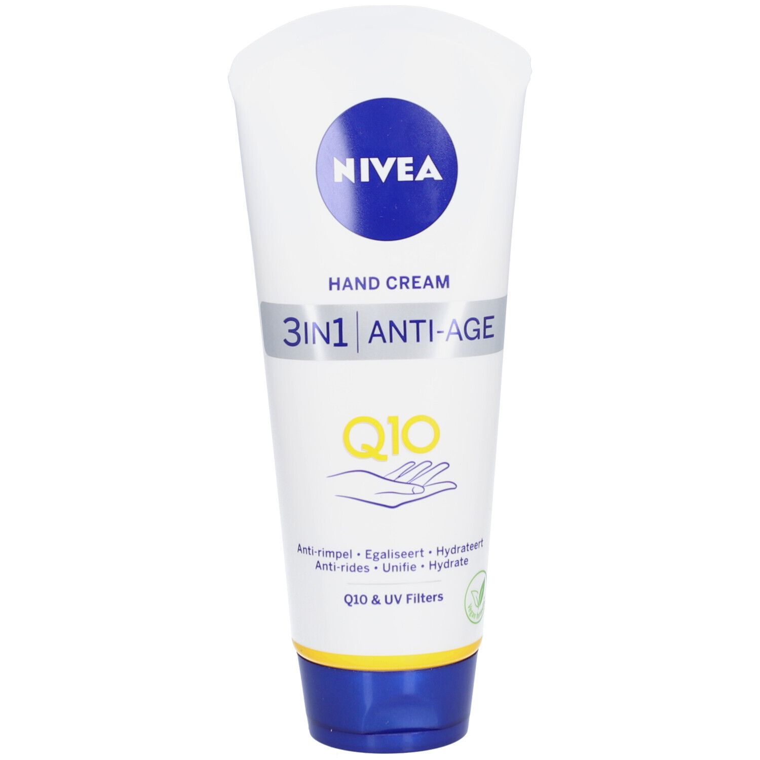 Tube blanche de crème pour les mains Nivea 3-en-1 Anti-Âge. Bouchon et logo bleus. Texte: Hand Cream, Q10, Anti-rides, filtres UV.
