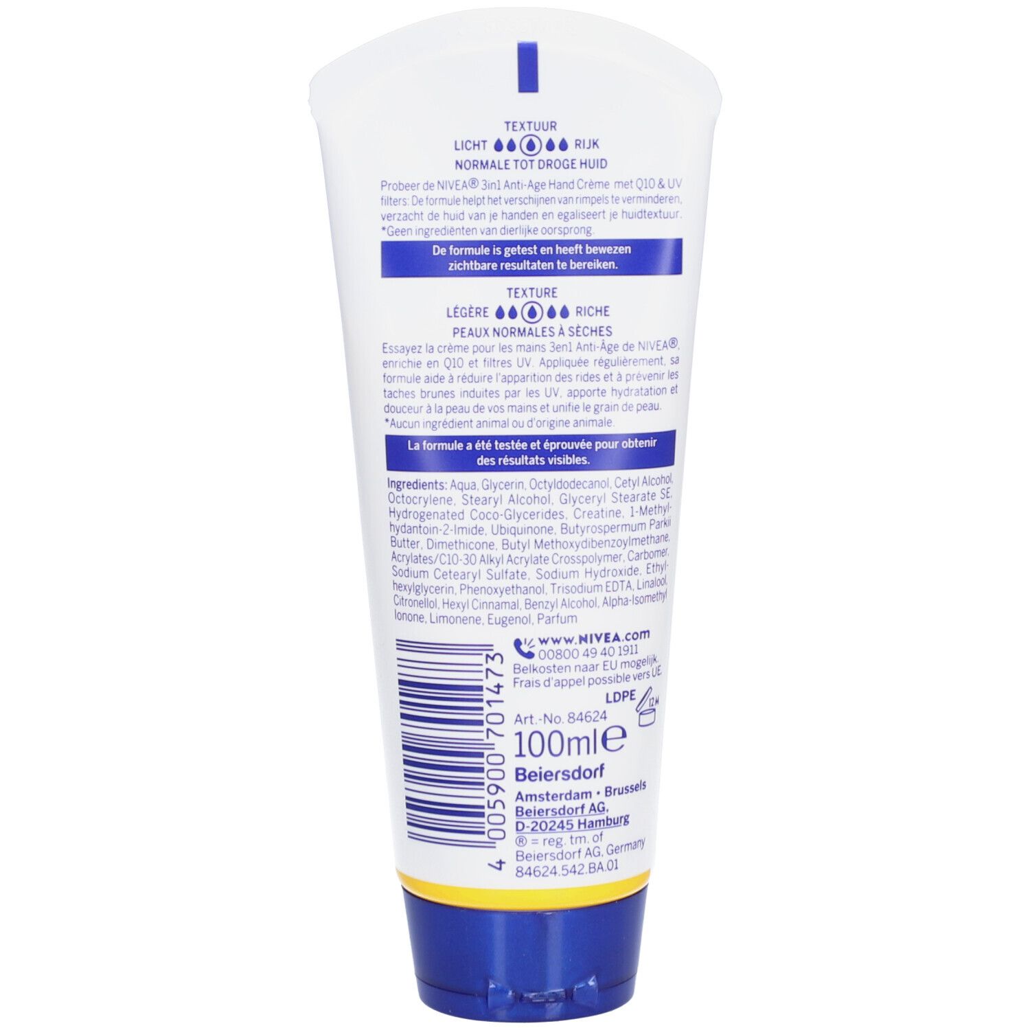 Dos du tube de crème pour les mains Nivea. Texte: Texture, légère à riche, ingrédients, informations fabricant, code-barres.