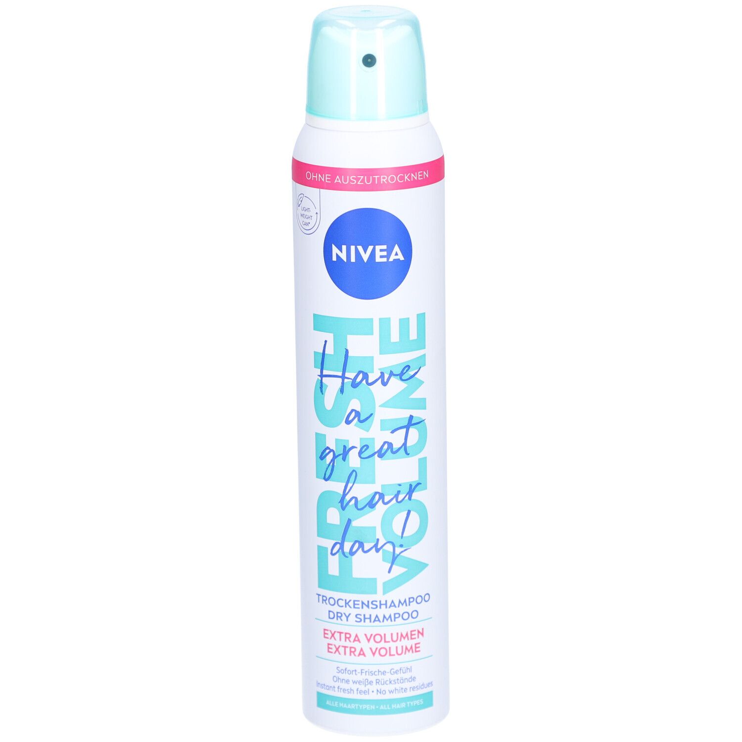 Trockenshampoo-Spraydose. Weiß, blau und rosa. Mit Nivea-Logo und Aufschrift 'Fresh Volume'.