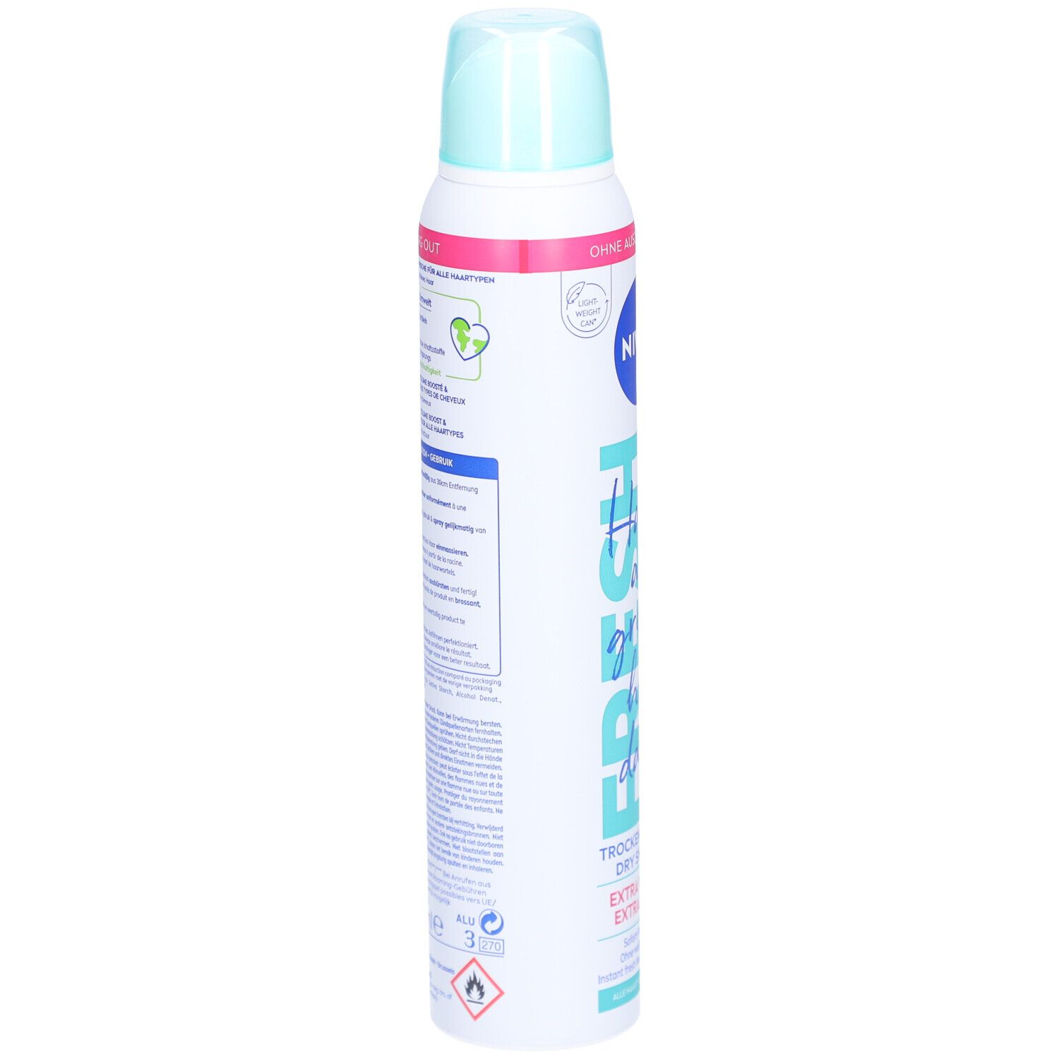 Trockenshampoo-Spraydose. Rückseite mit Text und Logos. Weiß, blau und rosa. Nivea-Logo.