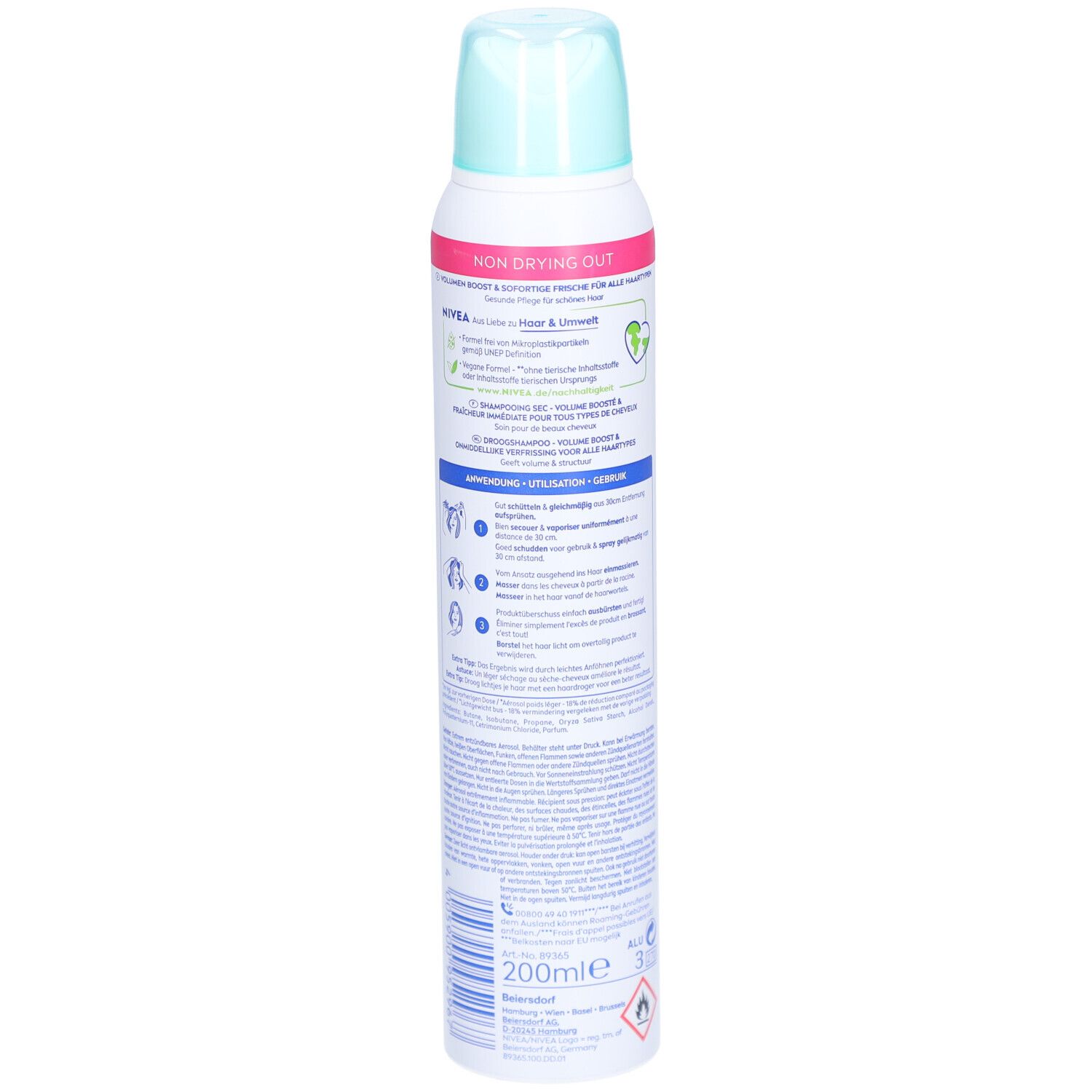 Trockenshampoo-Spraydose. Rückseite mit Text und Logos. Weiß, blau und rosa. Nivea-Logo.