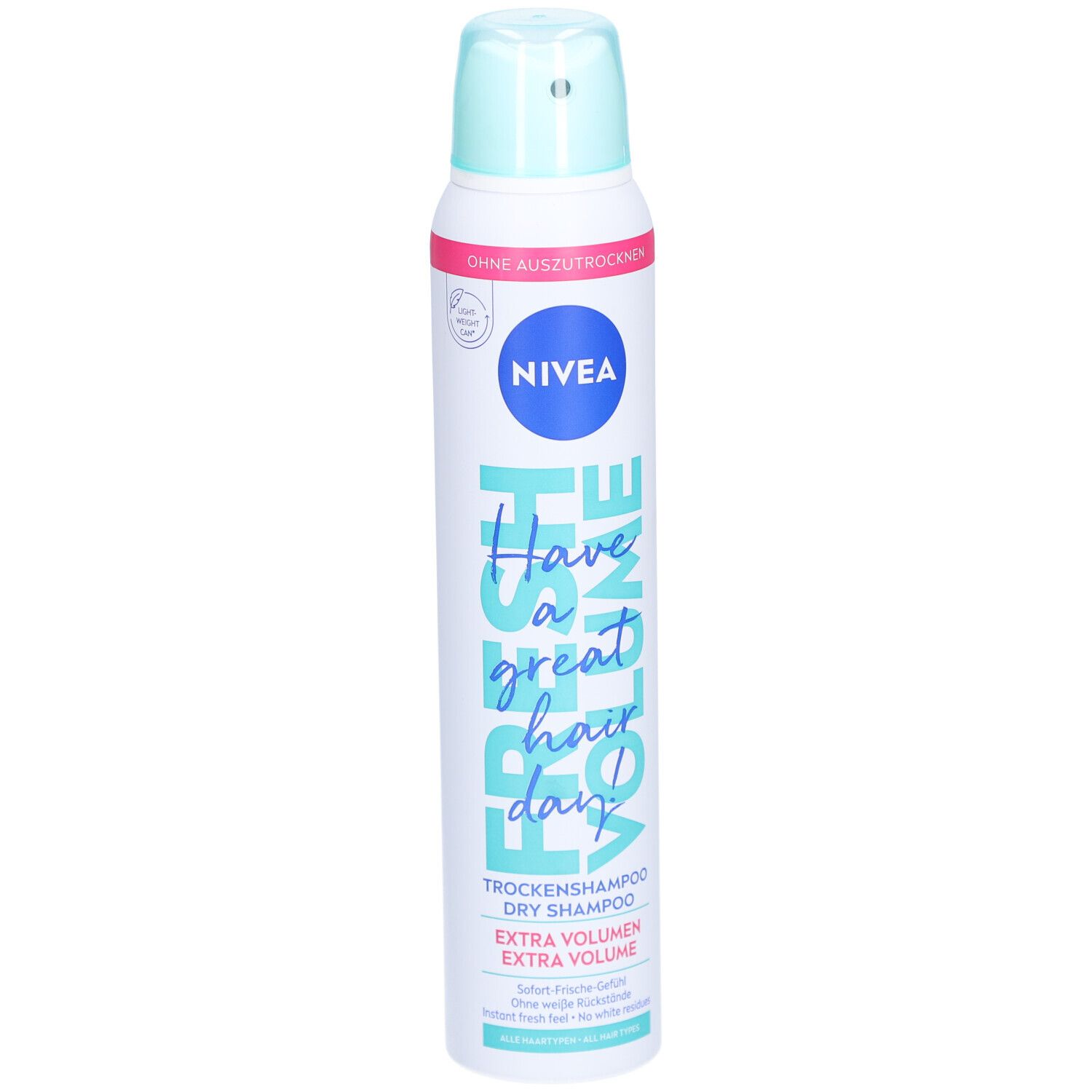 Trockenshampoo-Spraydose. Weiß, blau und rosa. Mit Nivea-Logo und Aufschrift 'Fresh Volume'.
