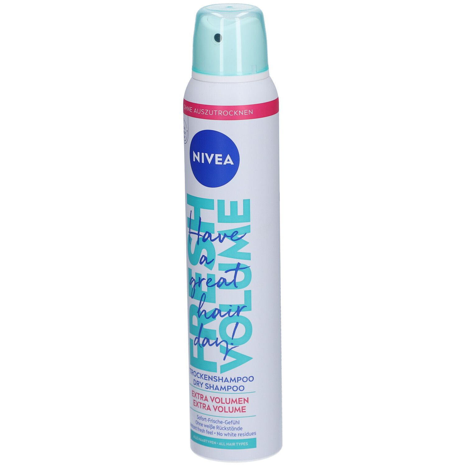 Trockenshampoo-Spraydose. Weiß, blau und rosa. Mit Nivea-Logo und Aufschrift 'Fresh Volume'.