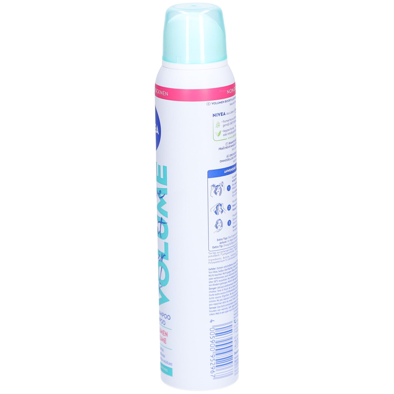 Trockenshampoo-Spraydose. Rückseite mit Text und Logos. Weiß, blau und rosa. Nivea-Logo.