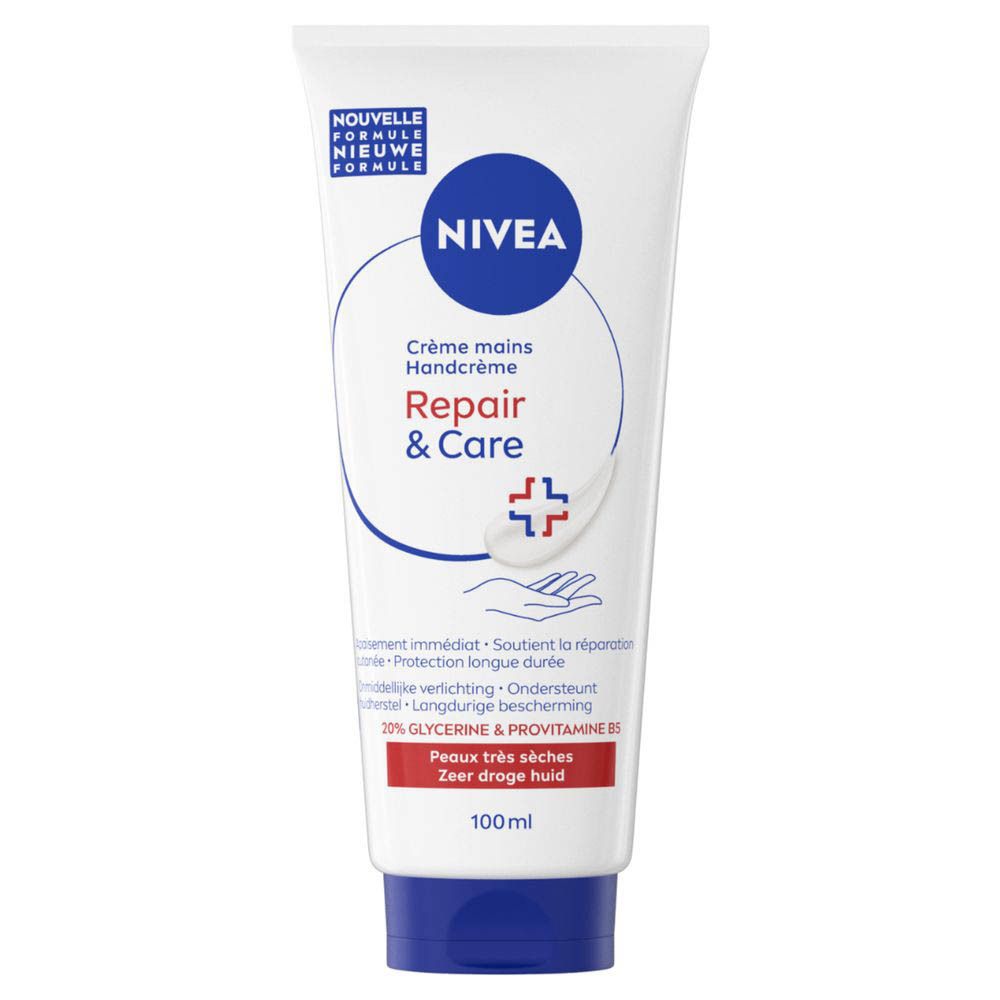 Tube Nivea Crème mains Réparation & Soin avec mention nouvelle formule et symbole main-croix.