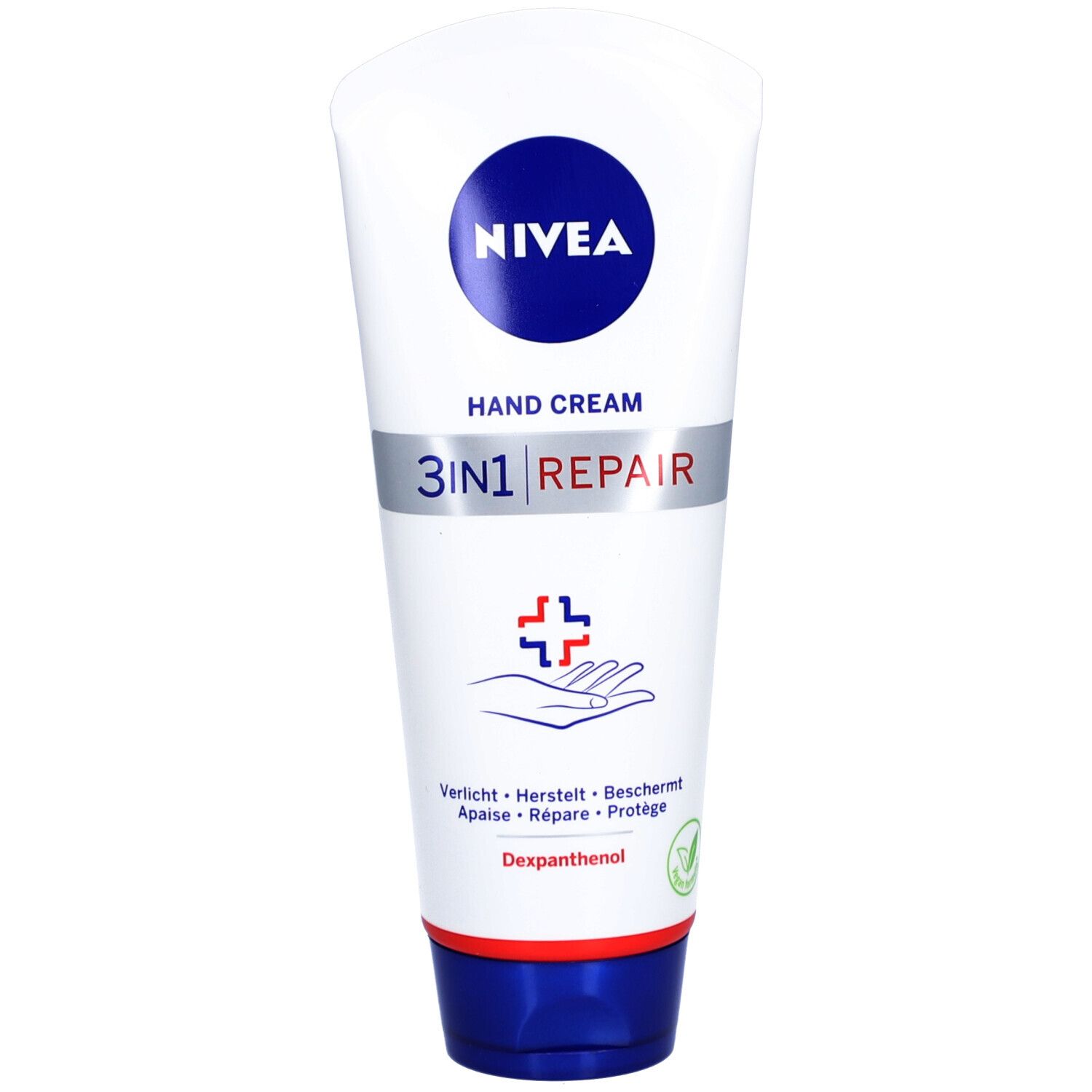 Weiße Tube mit blauem Deckel. Aufschrift: NIVEA, Hand Cream, 3in1 Repair. Logo: Kreuz und Hand. Text: Dexpanthenol.