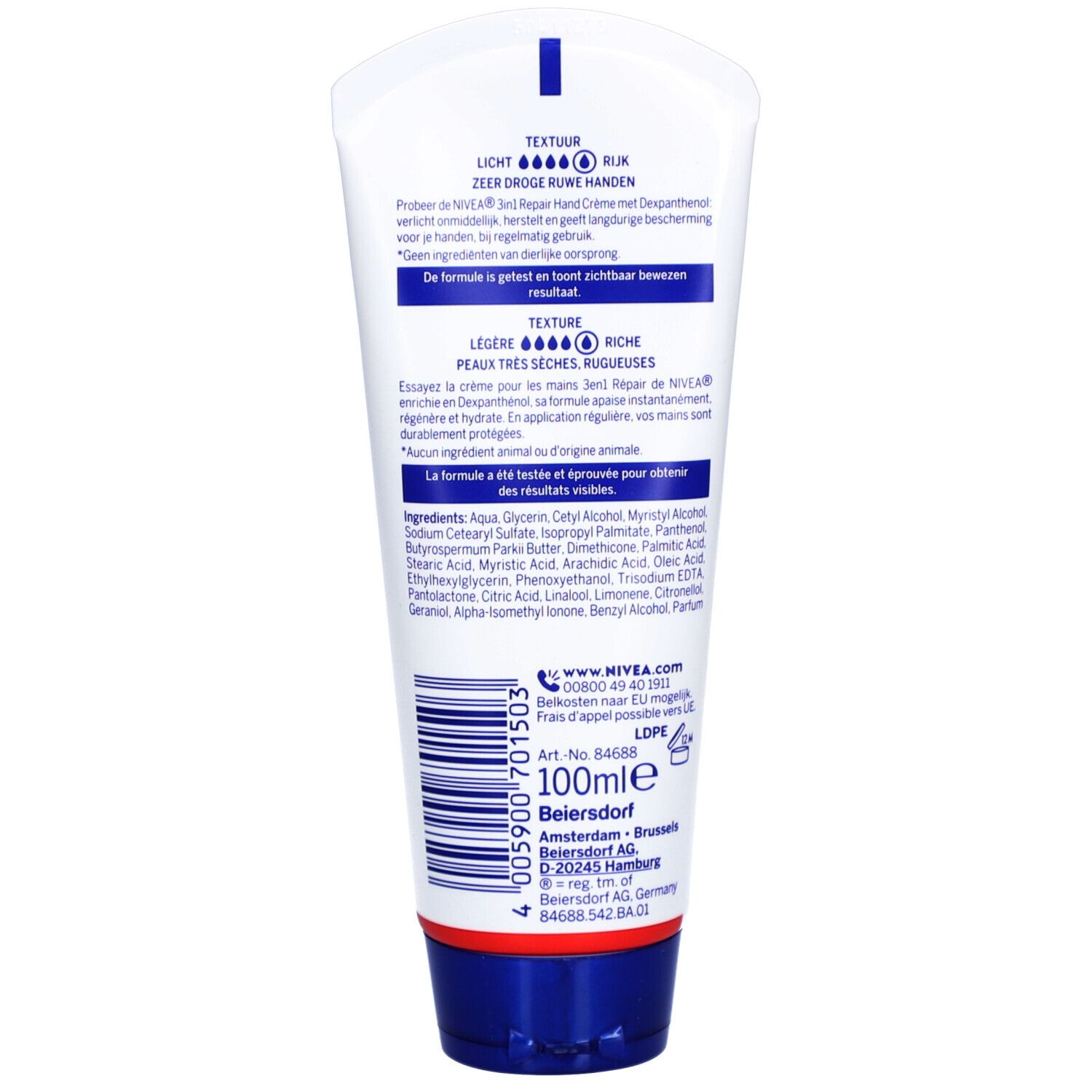 Rückseite der Tube. Text: Textur, für sehr trockene, raue Hände. Inhaltsstoffe. Logo: NIVEA. Text: 100ml.