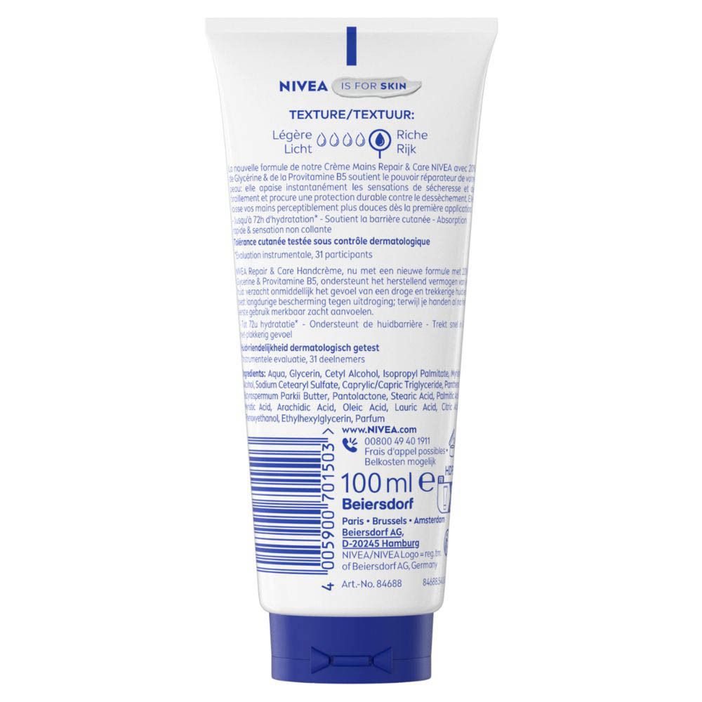 Arrière du tube Nivea Crème mains Réparation & Soin avec indications texture et ingrédients.