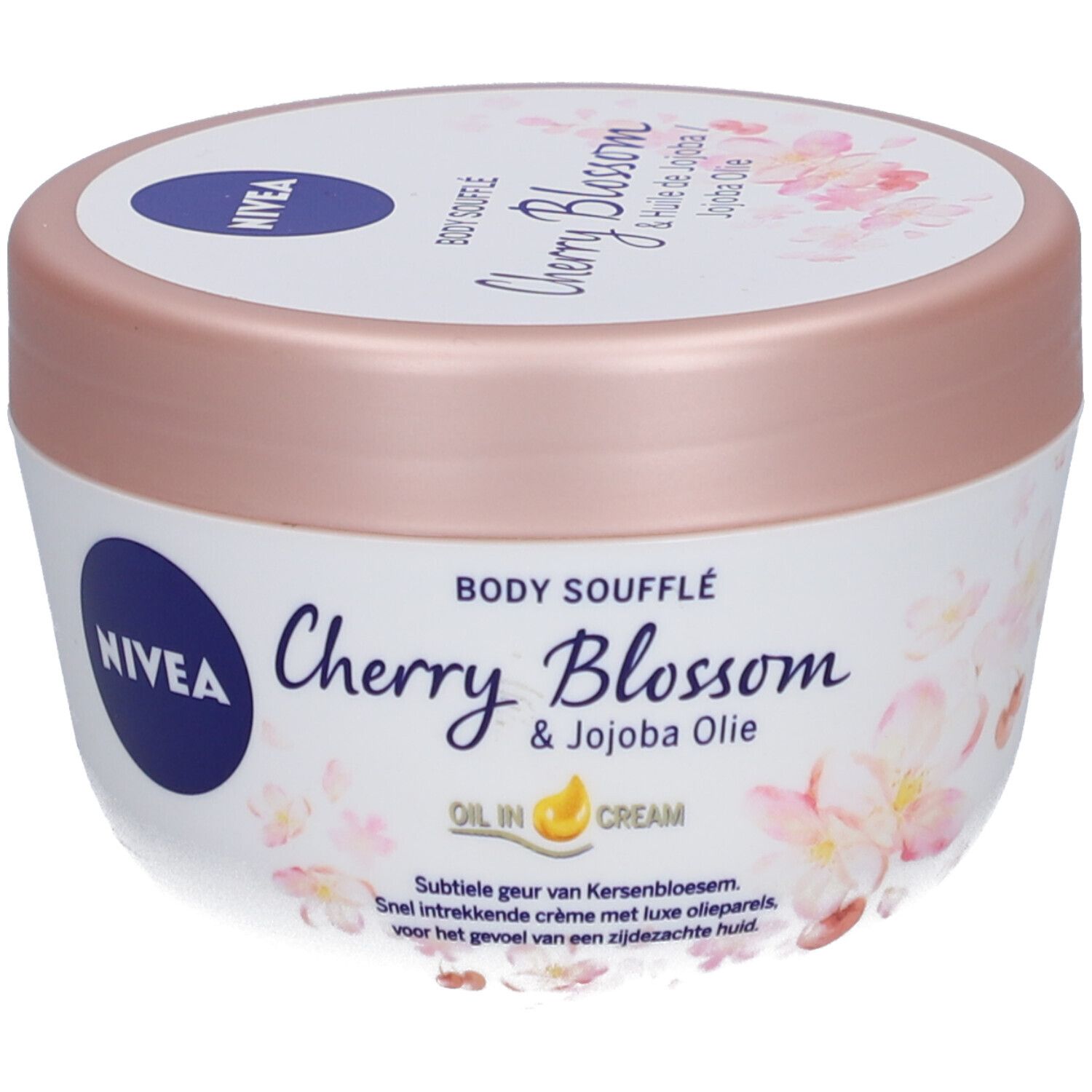 Pot blanc avec couvercle rose. Inscription : NIVEA, Body Soufflé Cherry Blossom & Jojoba Olie. Motif floral.