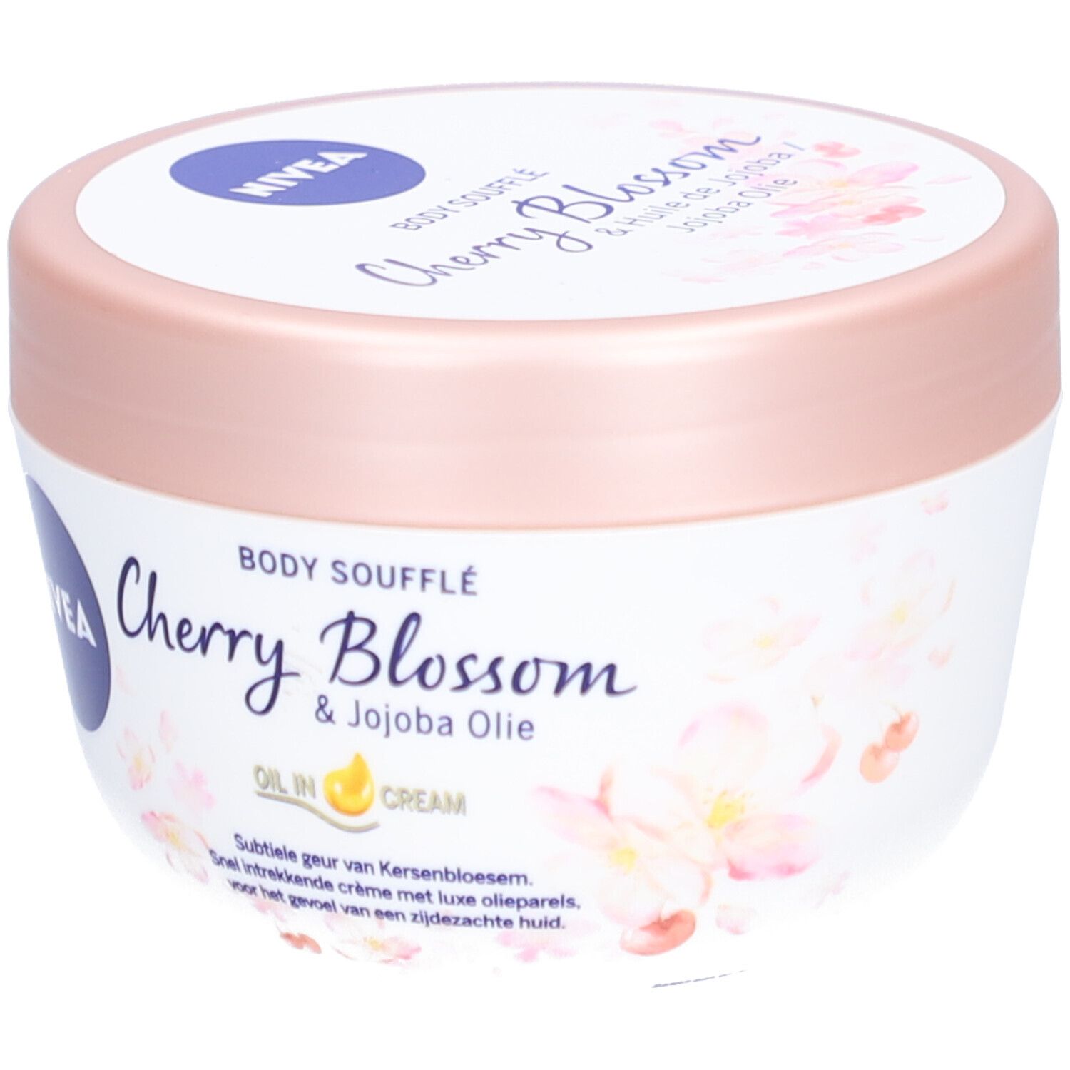 Pot blanc avec couvercle rose. Inscription : NIVEA, Body Soufflé Cherry Blossom & Jojoba Olie. Motif floral.