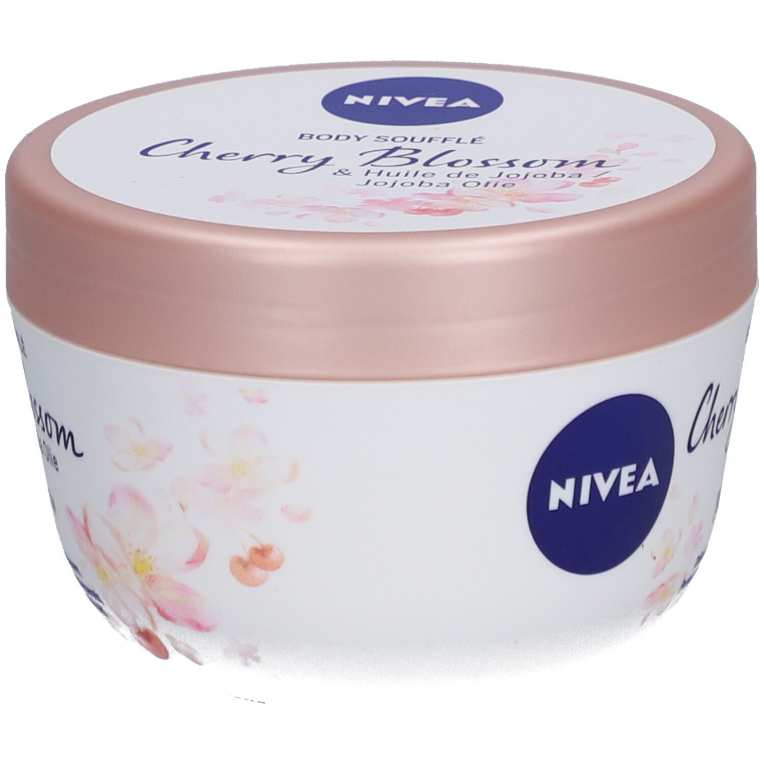 Pot blanc avec couvercle rose. Inscription : NIVEA, Body Soufflé Cherry Blossom & Jojoba Olie. Motif floral.