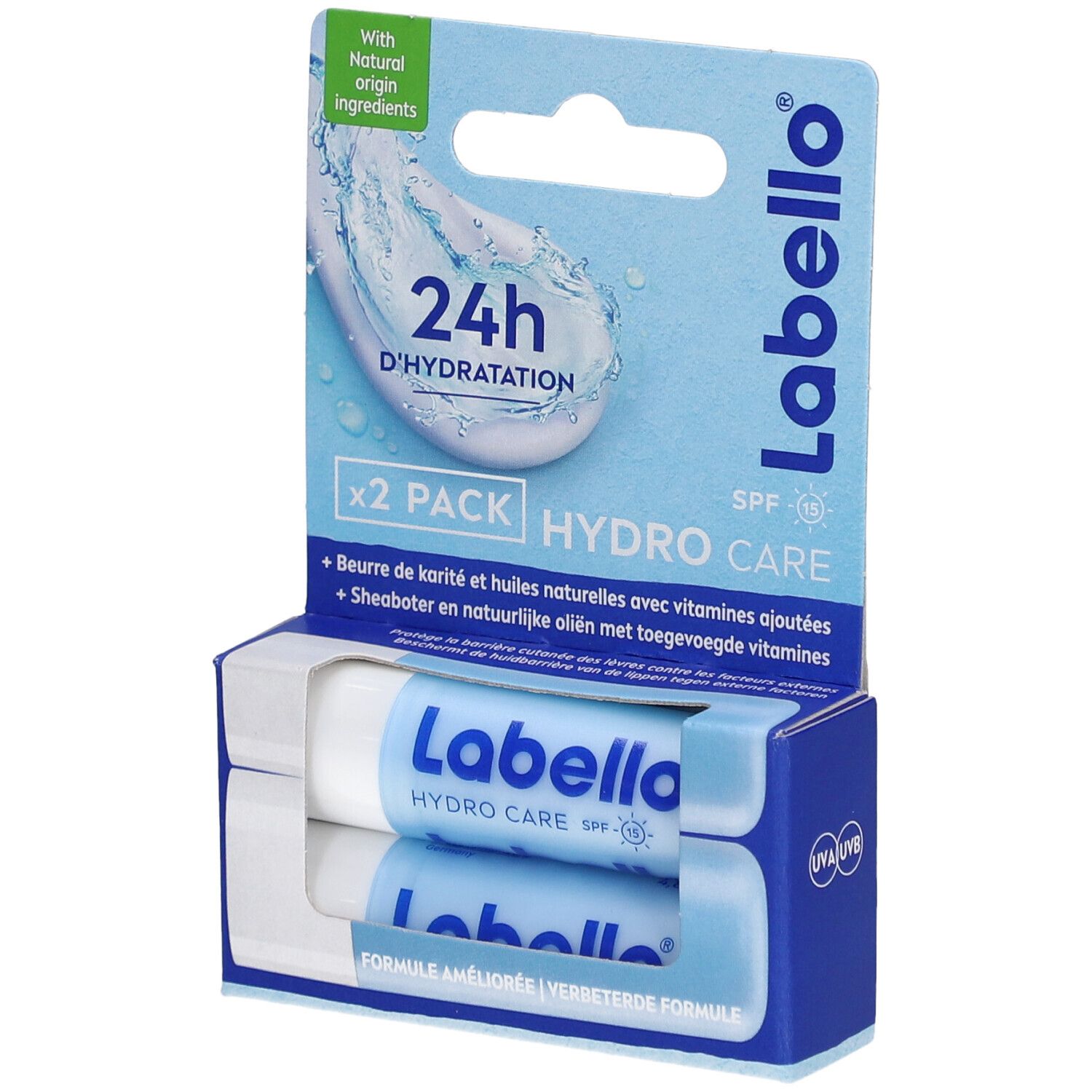 Doppelpack Lippenpflegestifte in blauer Verpackung. Sichtbar: Labello Hydro Care, SPF 15, 24h Hydratation. Enthält Sheabutter und Vitamine.