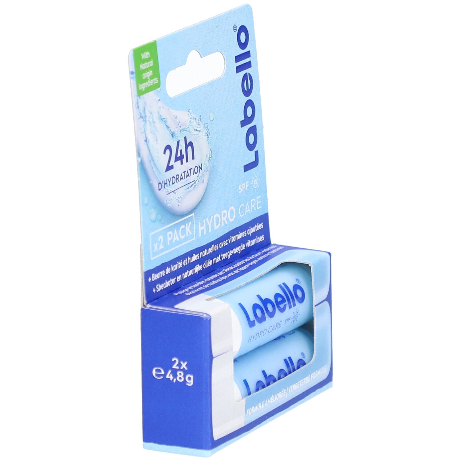 Doppelpack Lippenpflegestifte in blauer Verpackung. Labello Hydro Care, SPF 15, 24h Hydratation. Enthält Sheabutter und Vitamine. 2x4,8g.