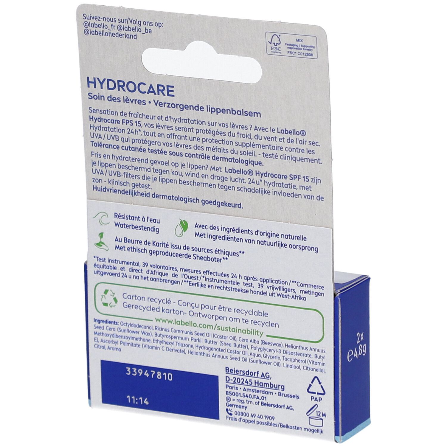 Rückseite der Verpackung. Text: Hydro Care, 24h Hydratation, SPF 15, UVA/UVB-Schutz. Inhaltsstoffe, Recycling-Logo, Adressinformationen.