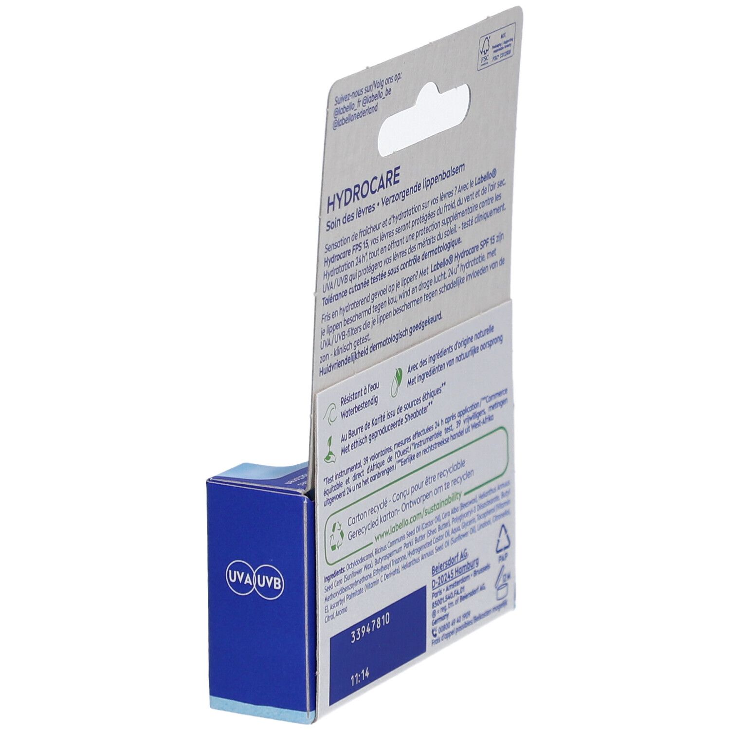 Rückseite der Verpackung. Text: Hydro Care, 24h Hydratation, SPF 15, UVA/UVB-Schutz. Inhaltsstoffe, Recycling-Logo, Adressinformationen.