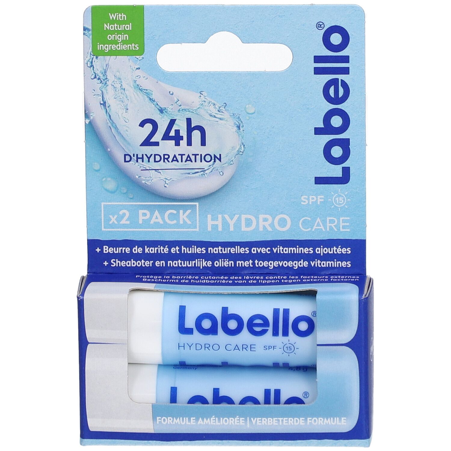 Doppelpack Lippenpflegestifte in blauer Verpackung. Sichtbar: Labello Hydro Care, SPF 15, 24h Hydratation. Enthält Sheabutter und Vitamine.