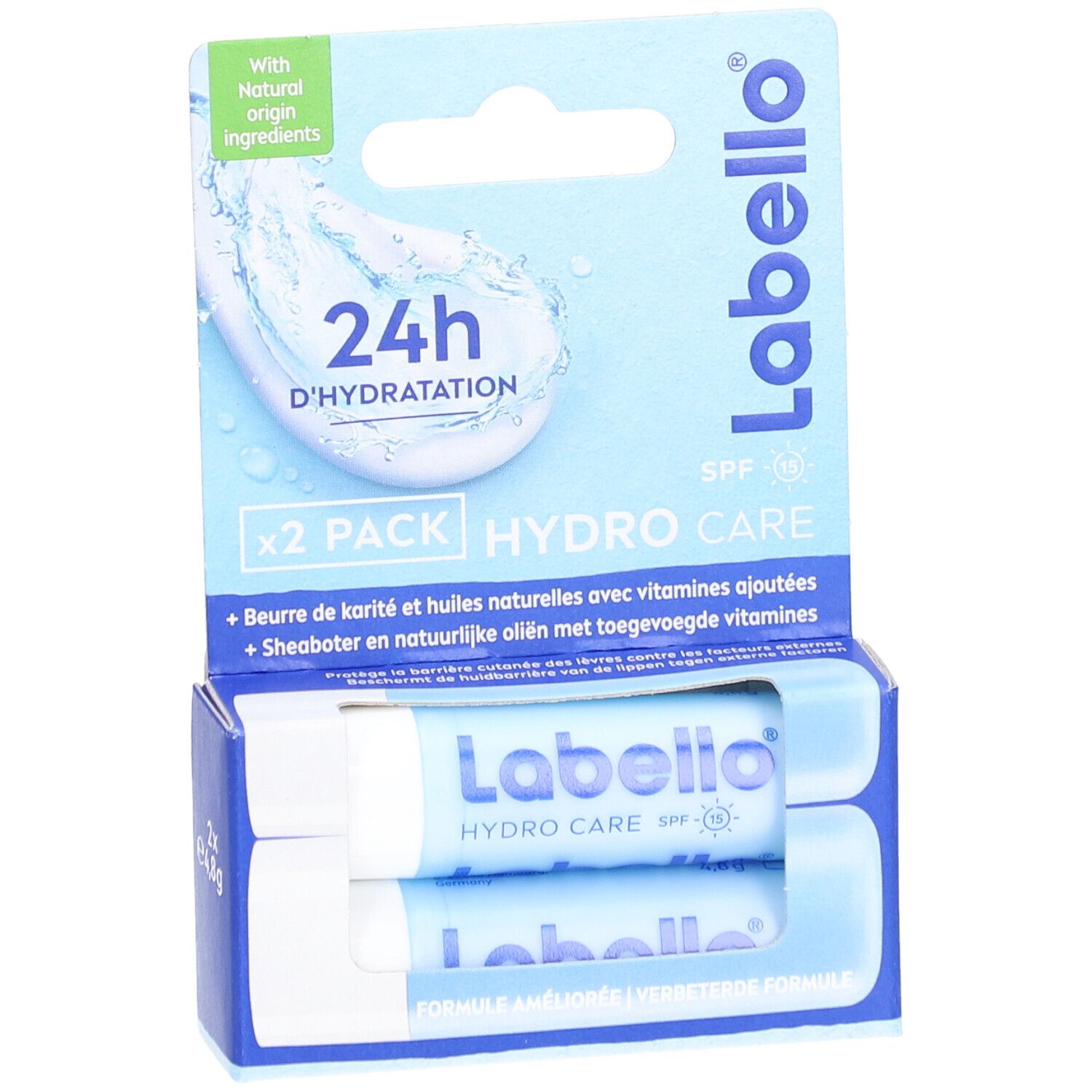 Doppelpack Lippenpflegestifte in blauer Verpackung. Sichtbar: Labello Hydro Care, SPF 15, 24h Hydratation. Enthält Sheabutter und Vitamine.