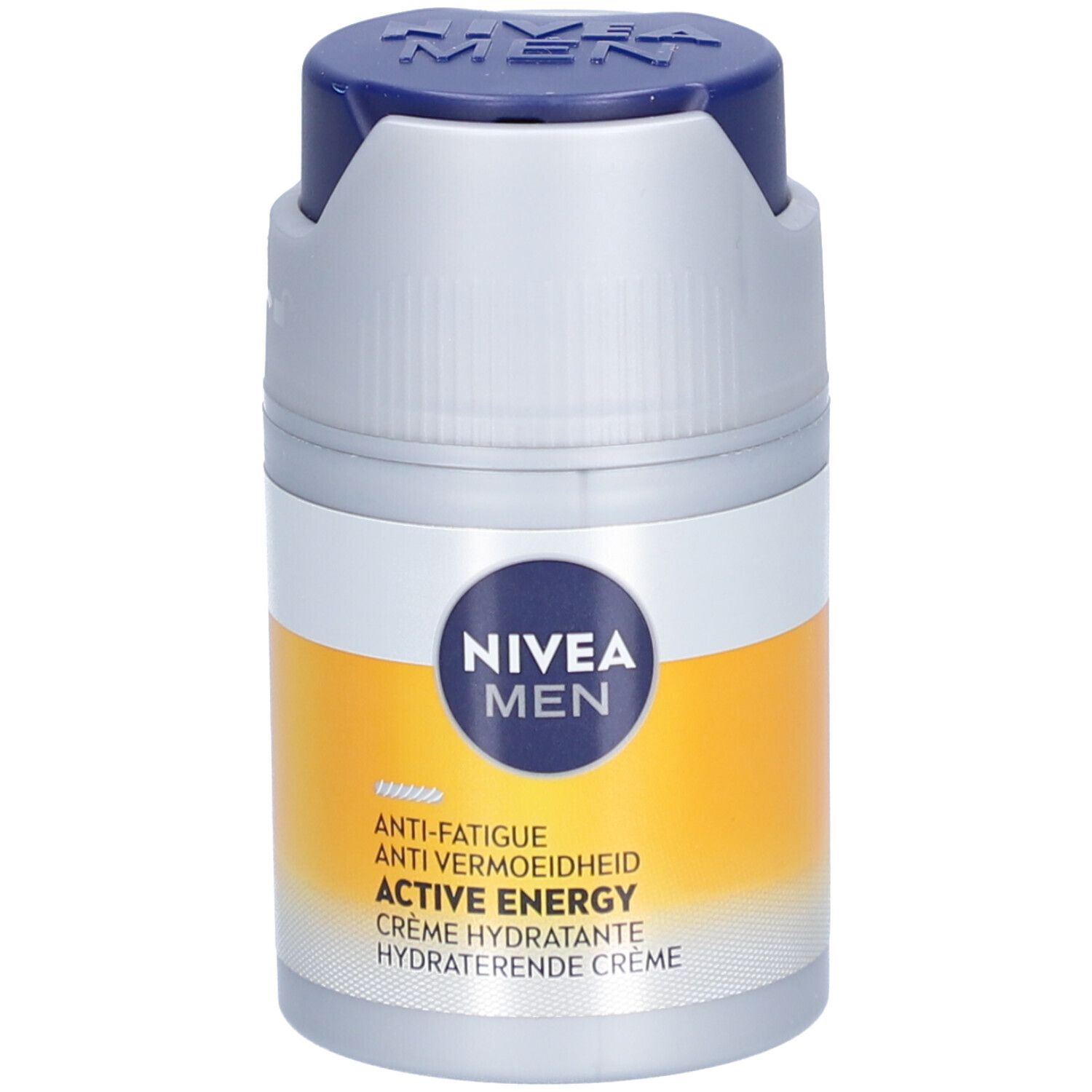 Crème NIVEA MEN Active Energy. Pot gris avec couvercle bleu. Bande jaune avec nom du produit et texte.