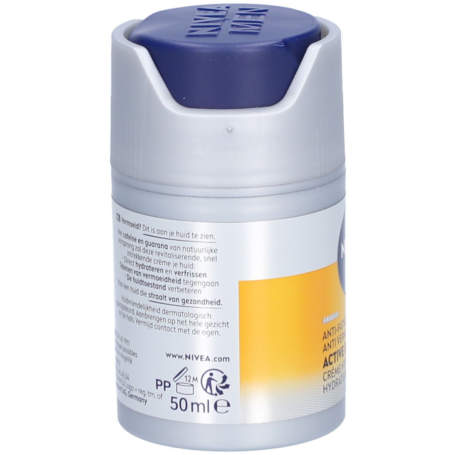 Dos de la crème NIVEA MEN Active Energy. Pot gris avec texte et logo. Bande jaune.