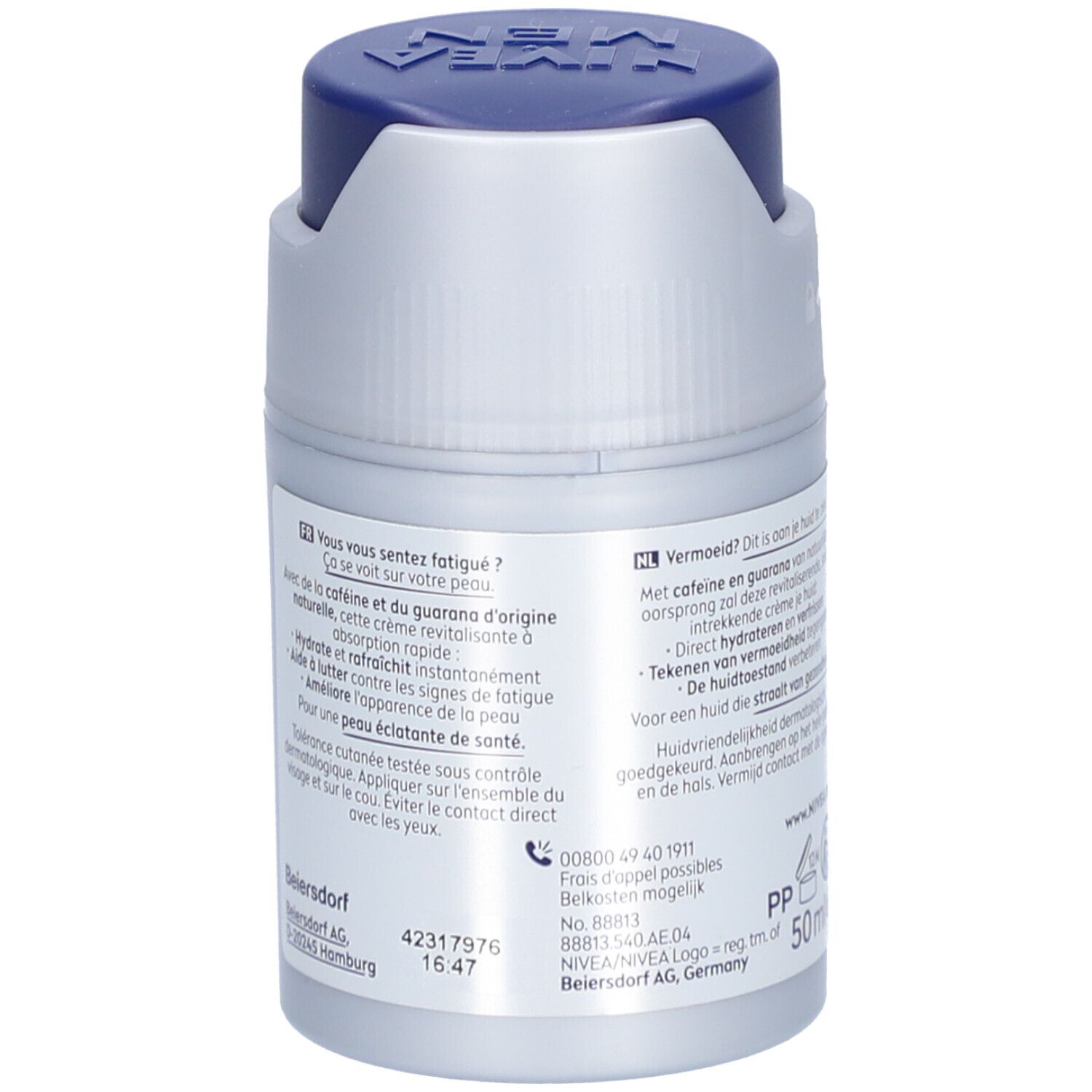 Dos de la crème NIVEA MEN Active Energy. Pot gris avec texte et logo. Bande jaune.