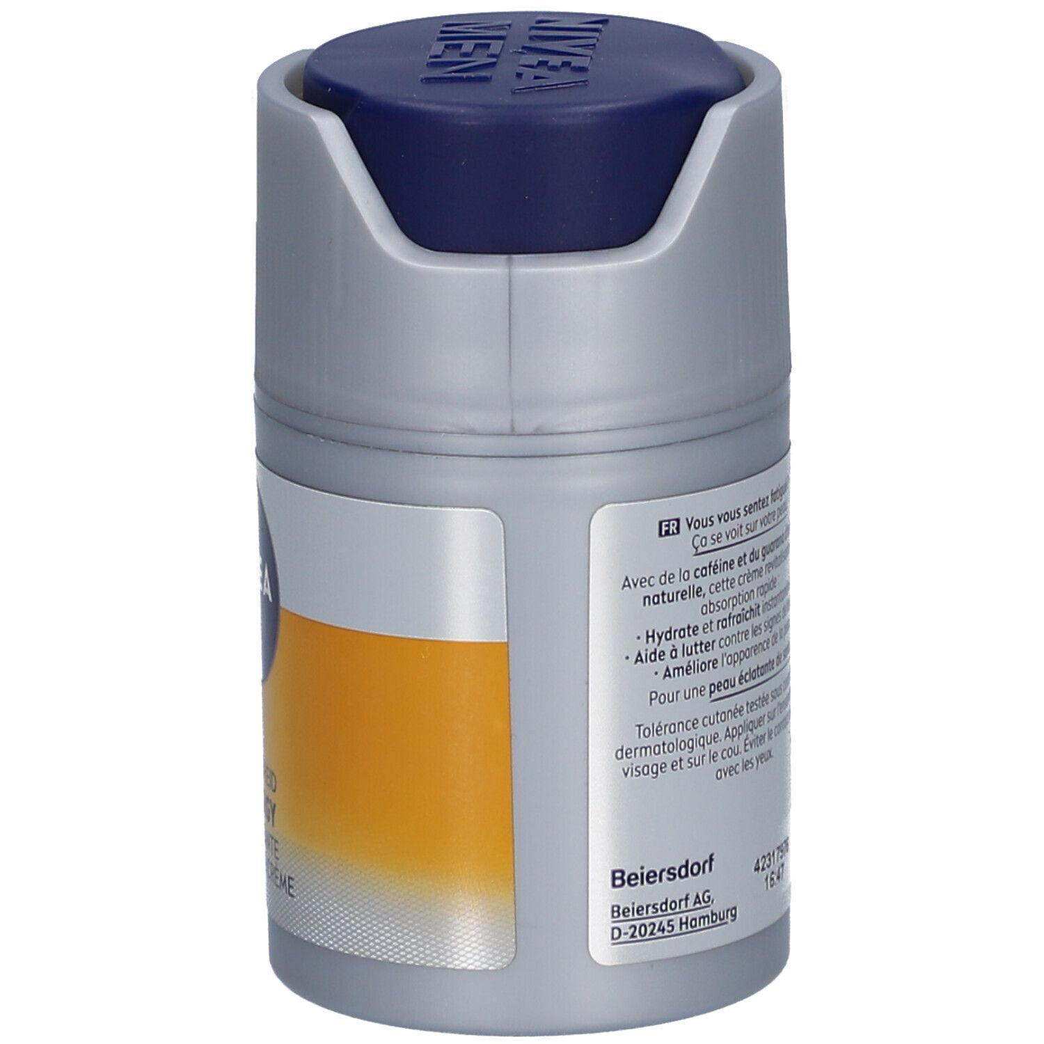 Dos de la crème NIVEA MEN Active Energy. Pot gris avec texte et logo. Bande jaune.