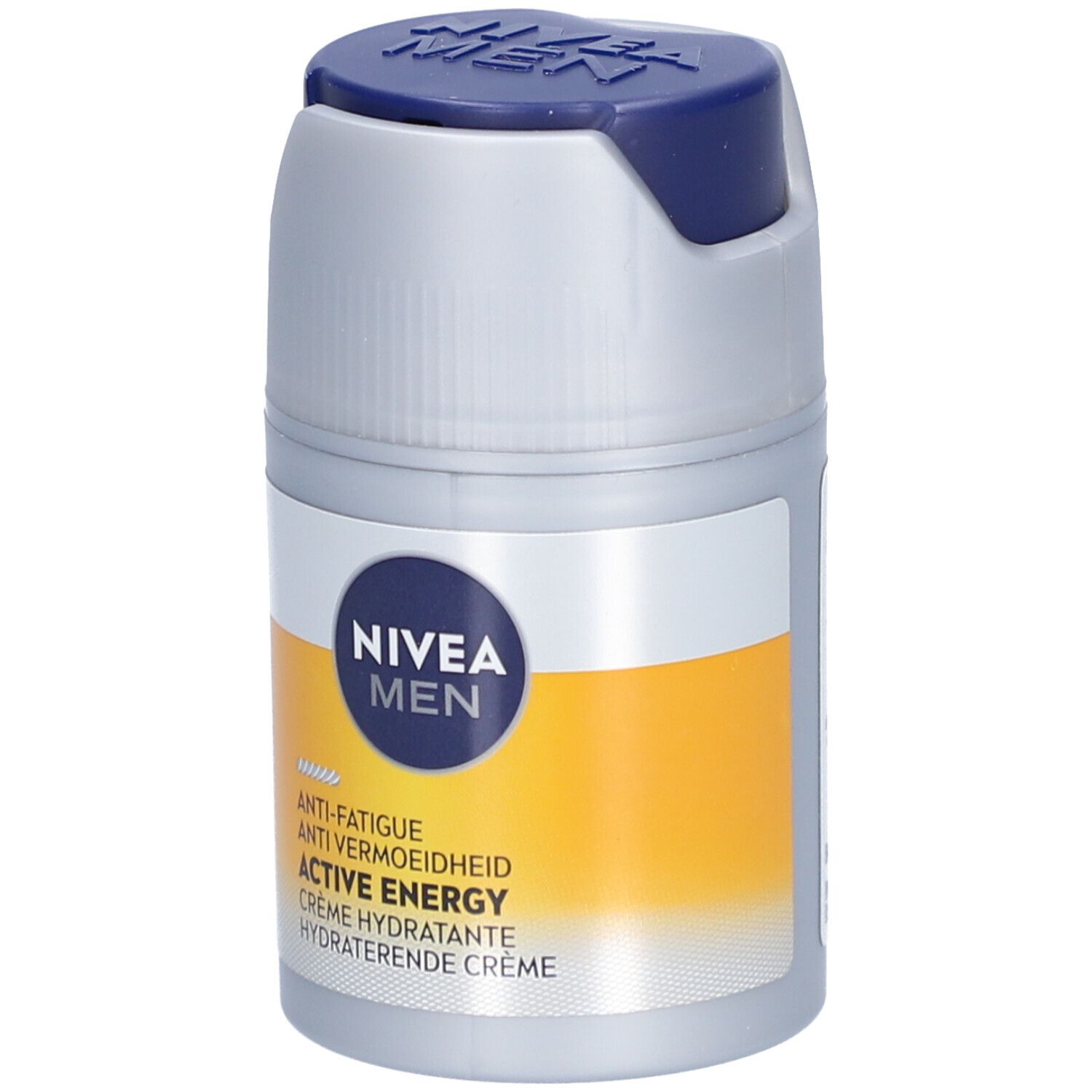 Crème NIVEA MEN Active Energy. Pot gris avec couvercle bleu. Bande jaune avec nom du produit et texte.